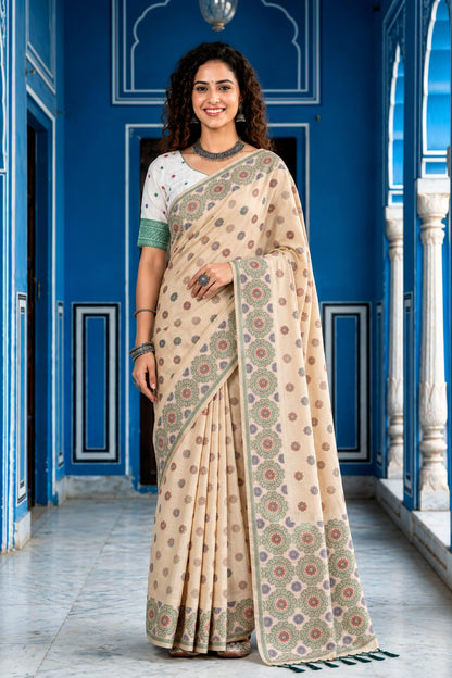 Sangam Prints Beige Cotton Blend Woven Work Traditional Saree - Dista