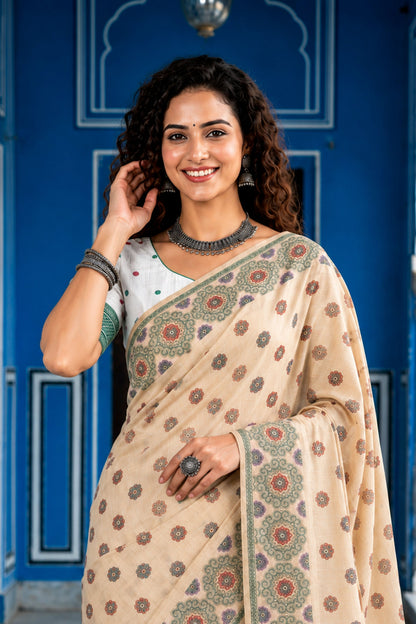 Sangam Prints Beige Cotton Blend Woven Work Traditional Saree - Dista