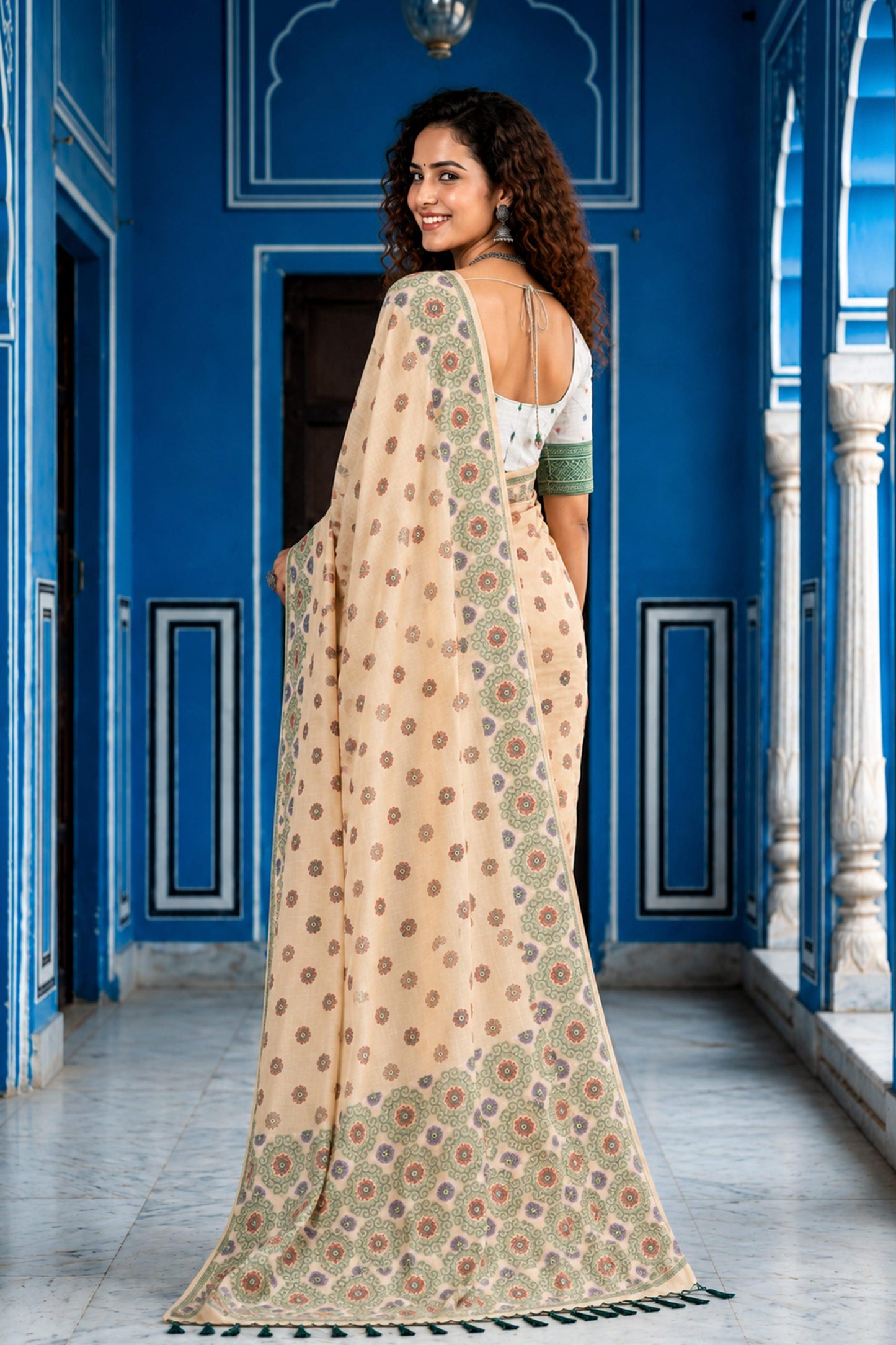 Sangam Prints Beige Cotton Blend Woven Work Traditional Saree - Dista