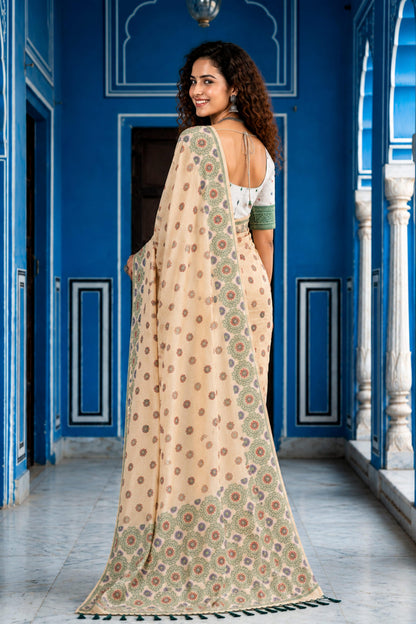 Sangam Prints Beige Cotton Blend Woven Work Traditional Saree - Dista