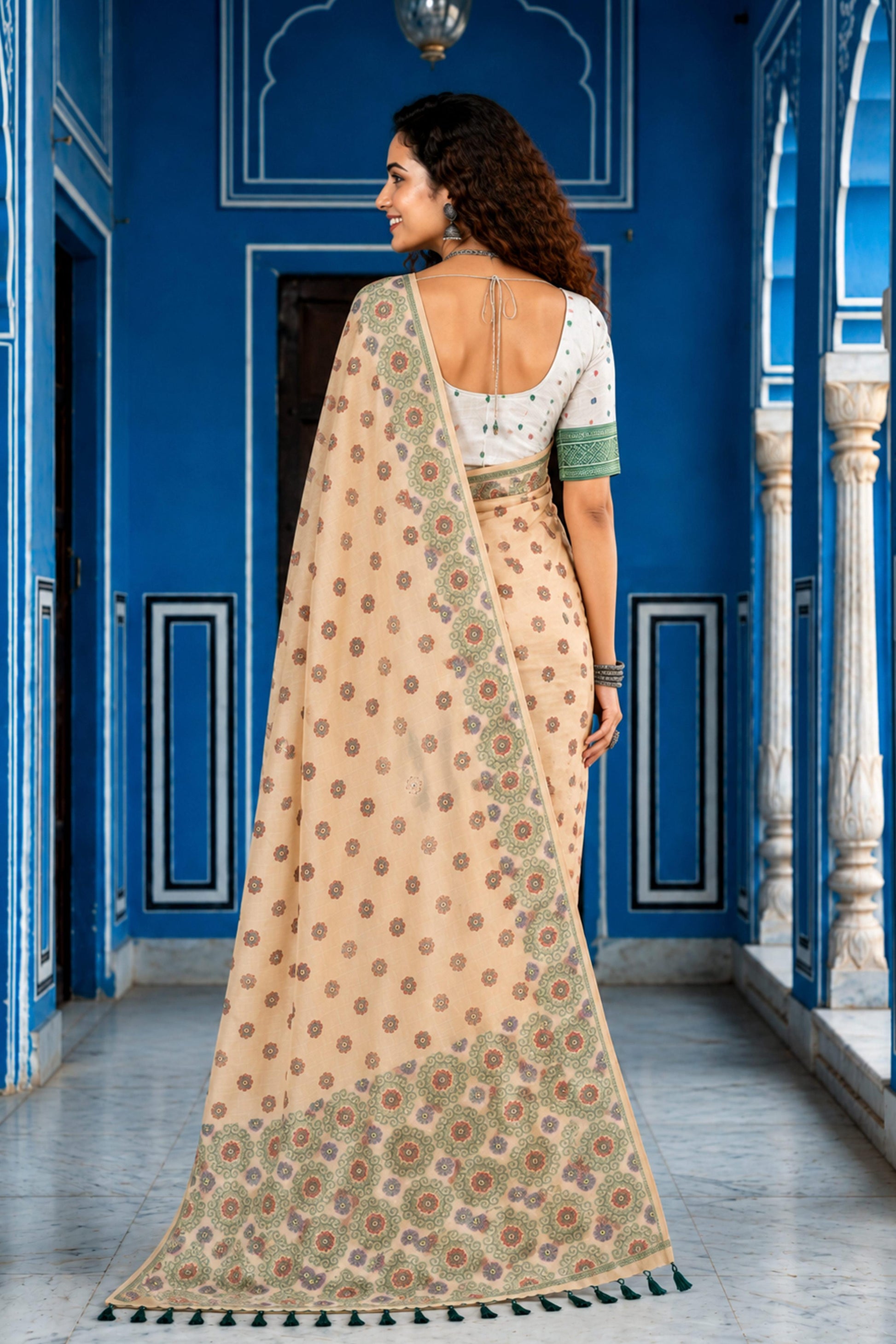 Sangam Prints Beige Cotton Blend Woven Work Traditional Saree - Dista