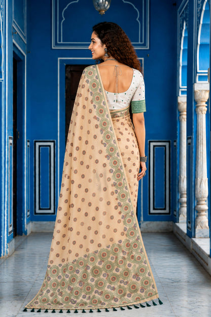 Sangam Prints Beige Cotton Blend Woven Work Traditional Saree - Dista