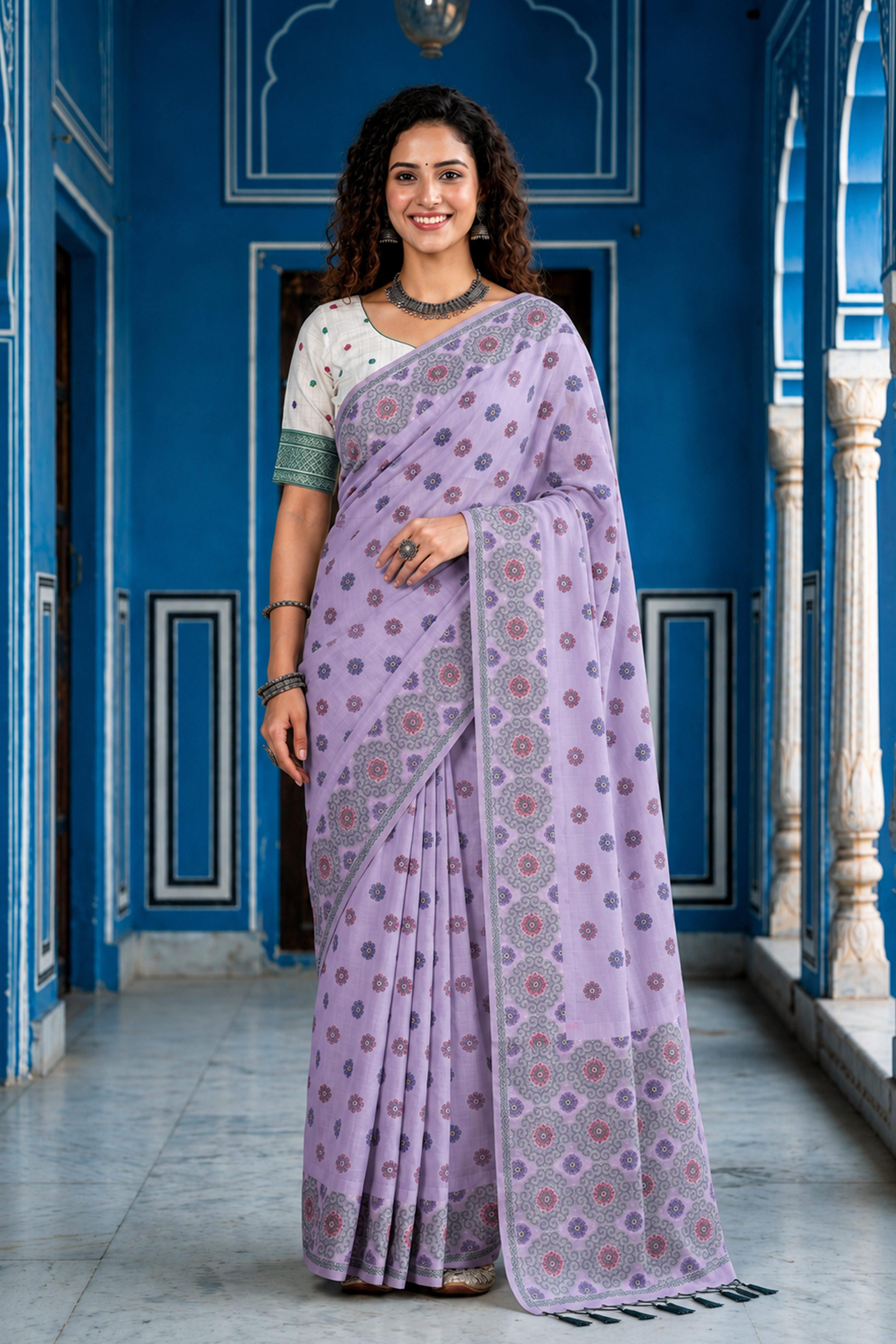 Sangam Prints Baby Pink Cotton Blend Woven Work Traditional Saree - Dista
