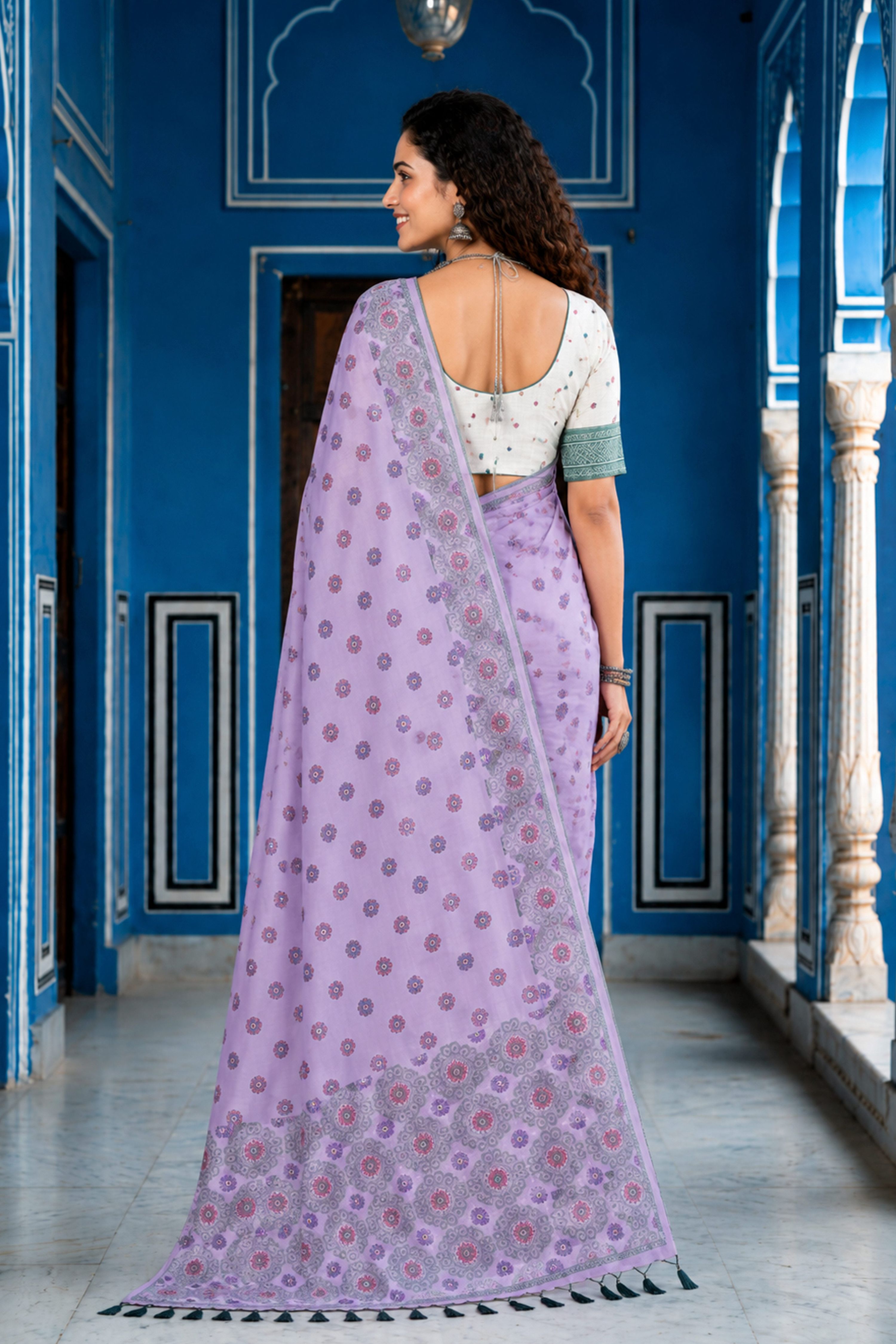 Sangam Prints Baby Pink Cotton Blend Woven Work Traditional Saree - Dista