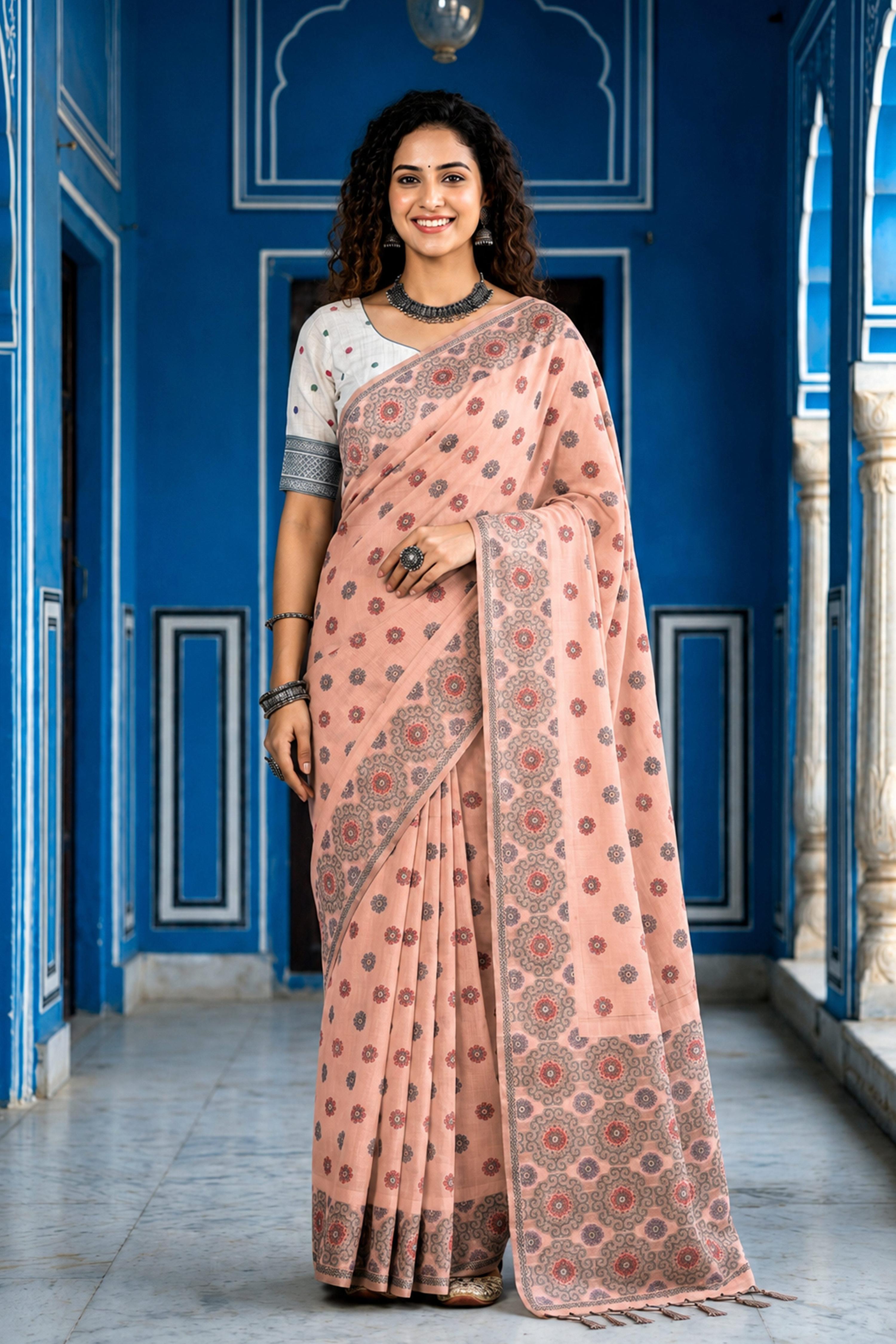 Sangam Prints Blush Pink Cotton Blend Woven Work Traditional Saree - Dista
