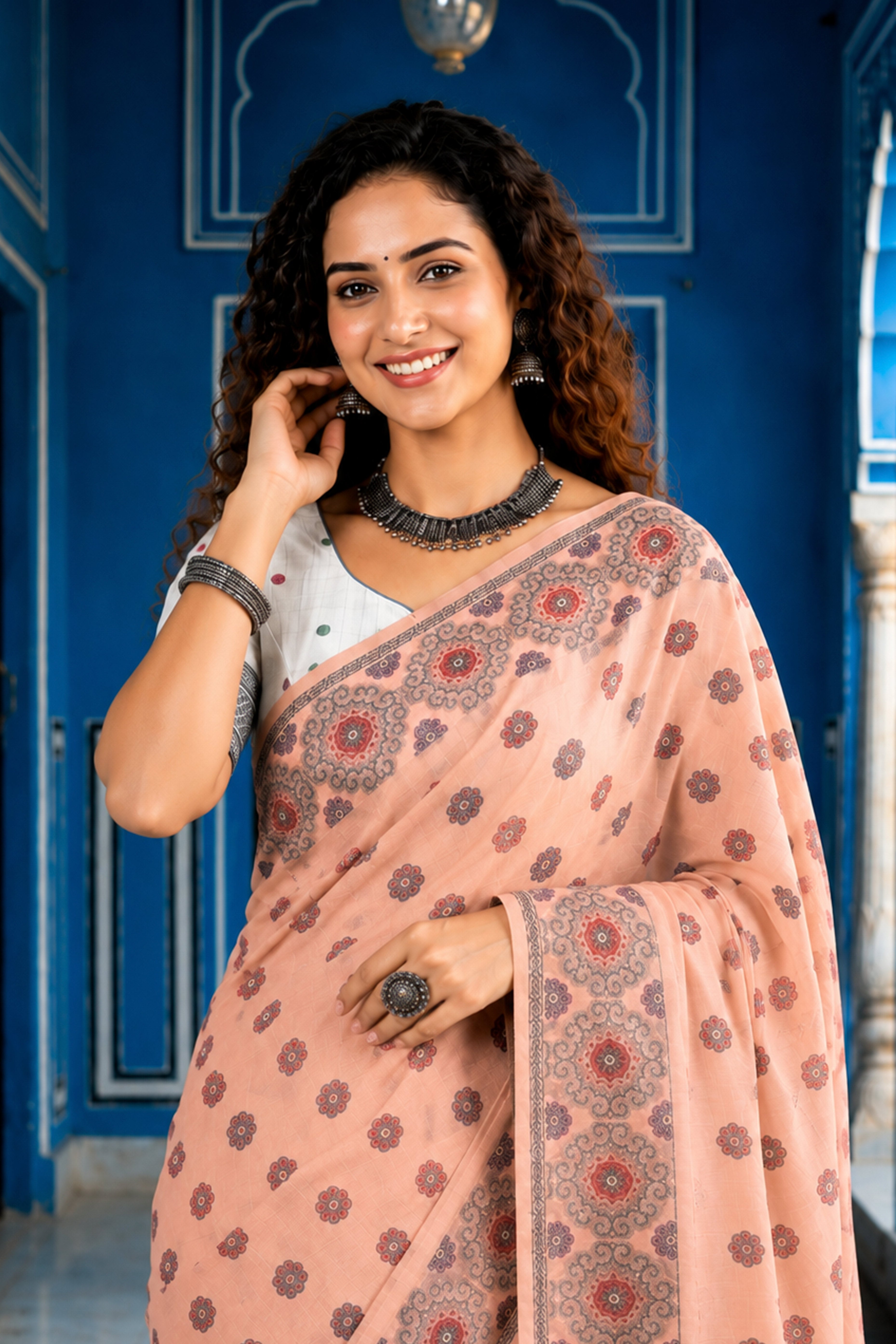 Sangam Prints Blush Pink Cotton Blend Woven Work Traditional Saree - Dista
