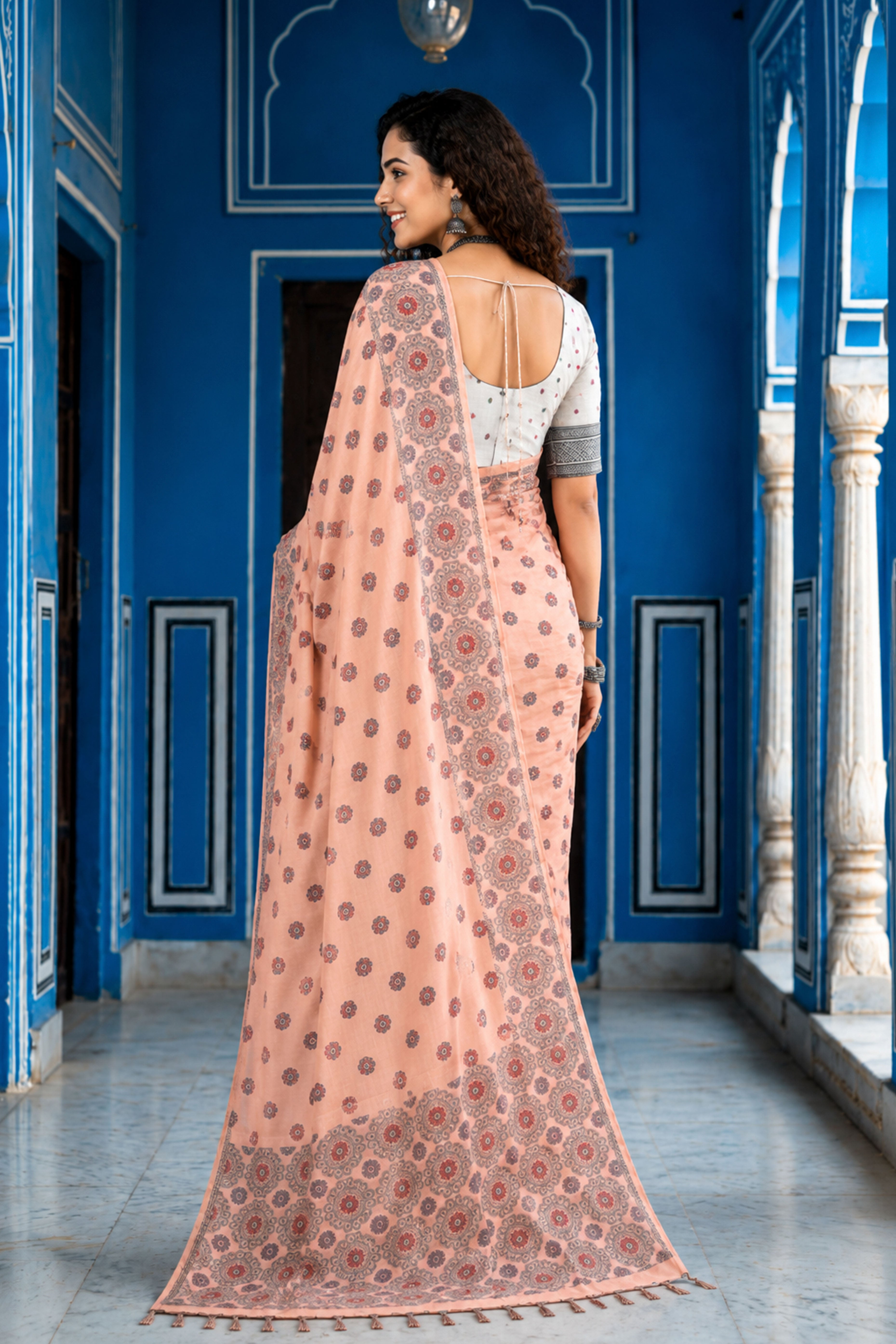 Sangam Prints Blush Pink Cotton Blend Woven Work Traditional Saree - Dista