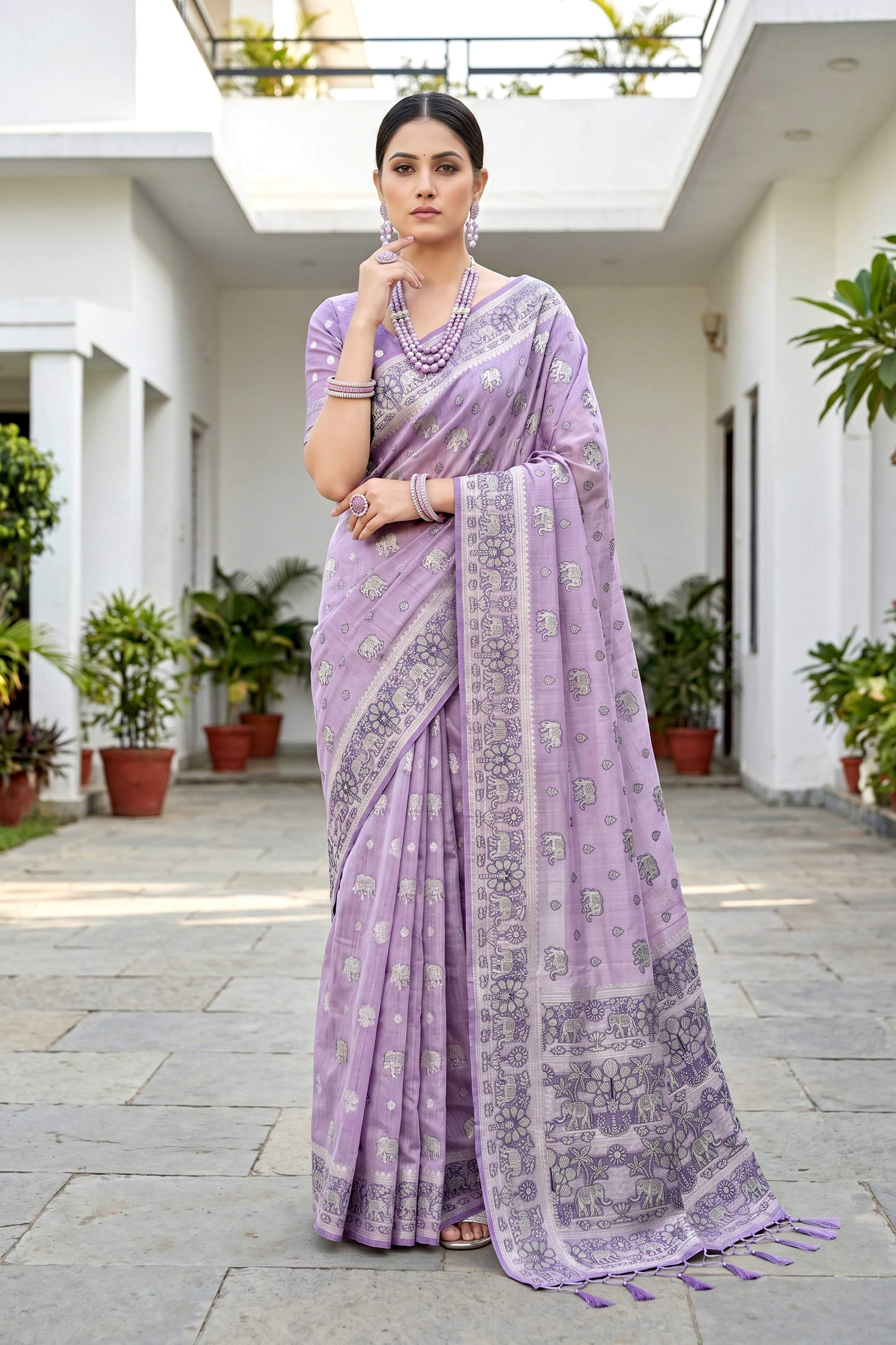 Sangam Prints Lavender Purple Cotton Blend Woven Work Traditional Saree - Dista