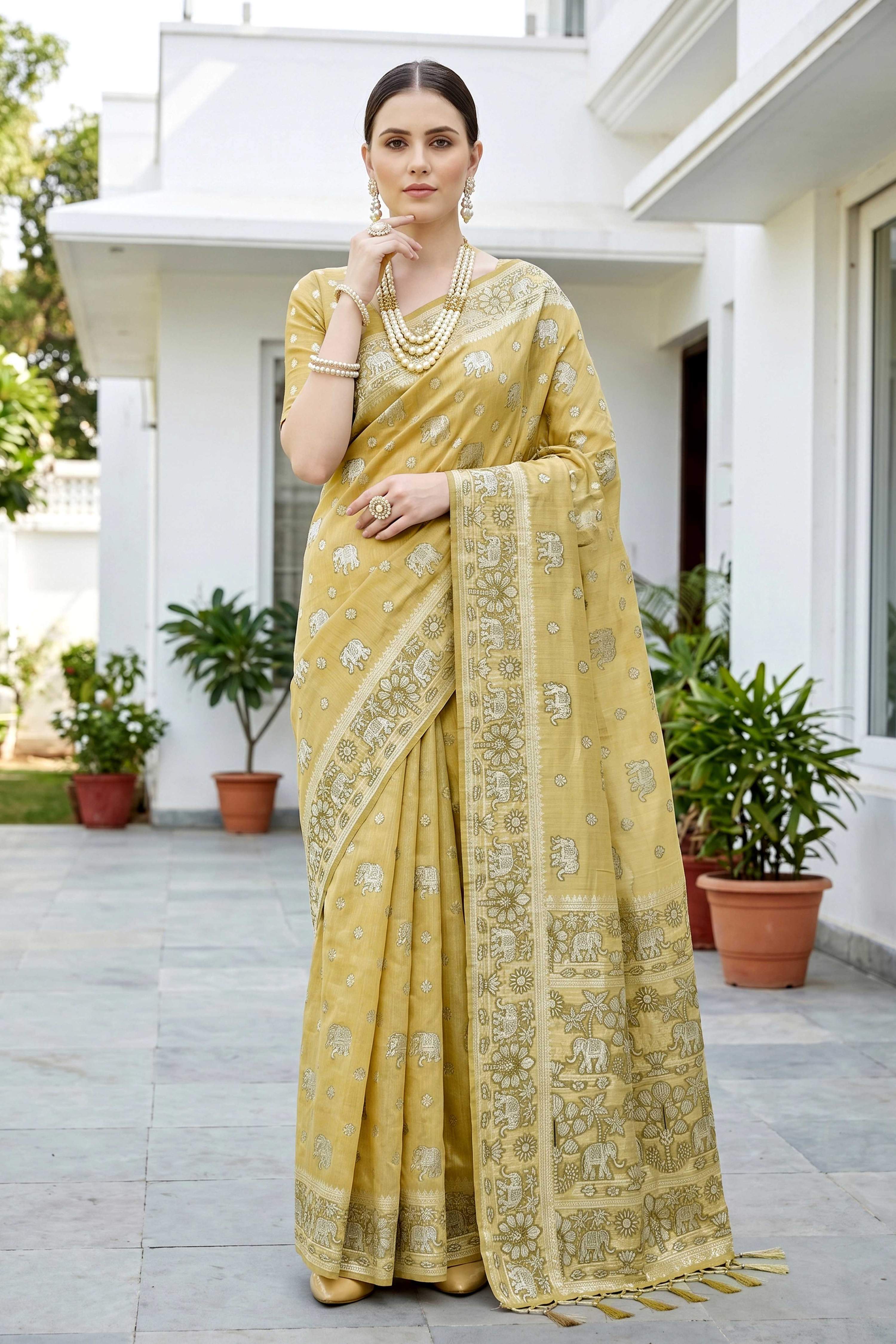 Sangam Prints Mustard Gold Cotton Blend Woven Work Traditional Saree - Dista