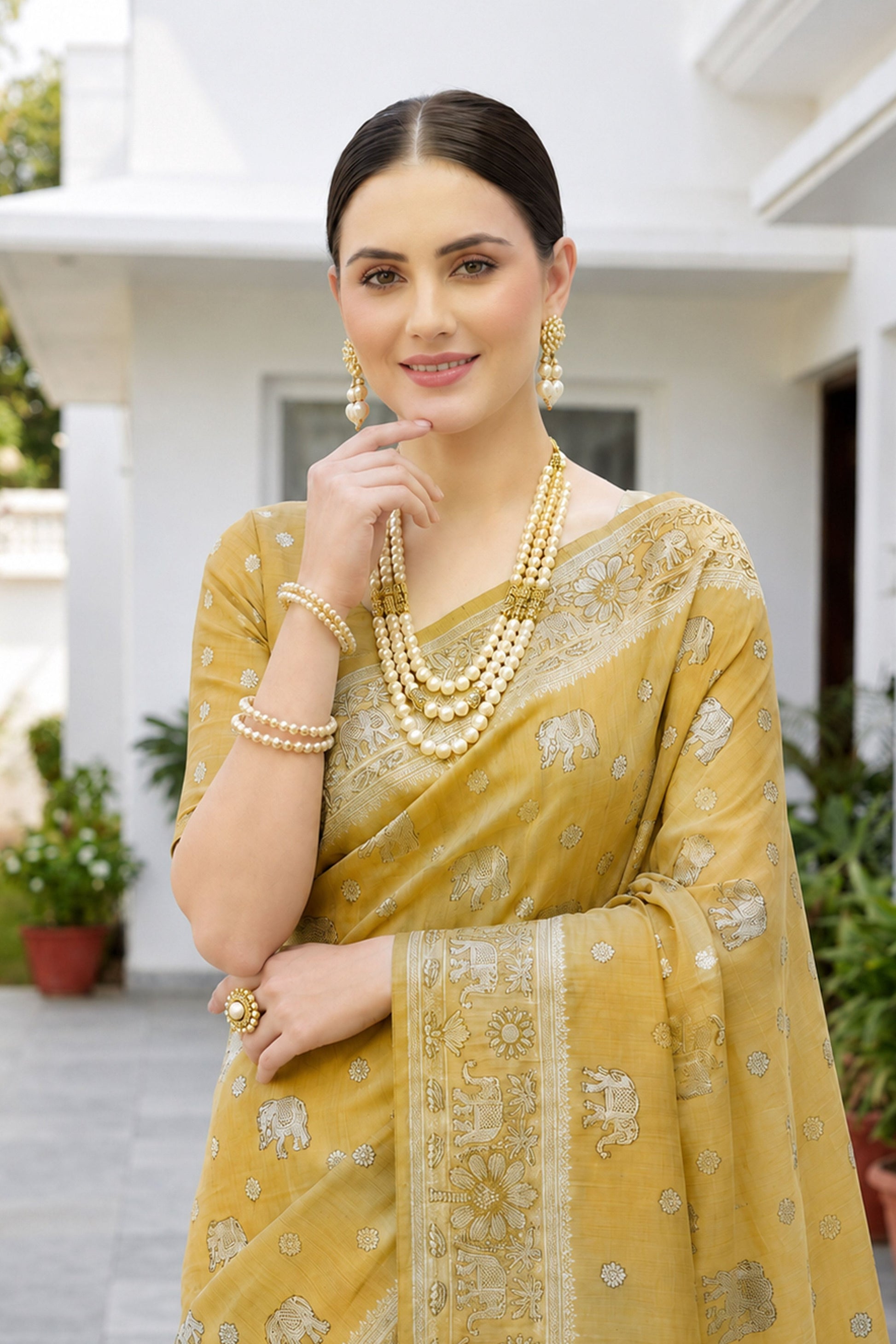 Sangam Prints Mustard Gold Cotton Blend Woven Work Traditional Saree - Dista