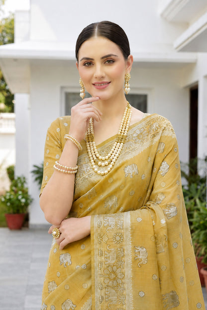 Sangam Prints Mustard Gold Cotton Blend Woven Work Traditional Saree - Dista