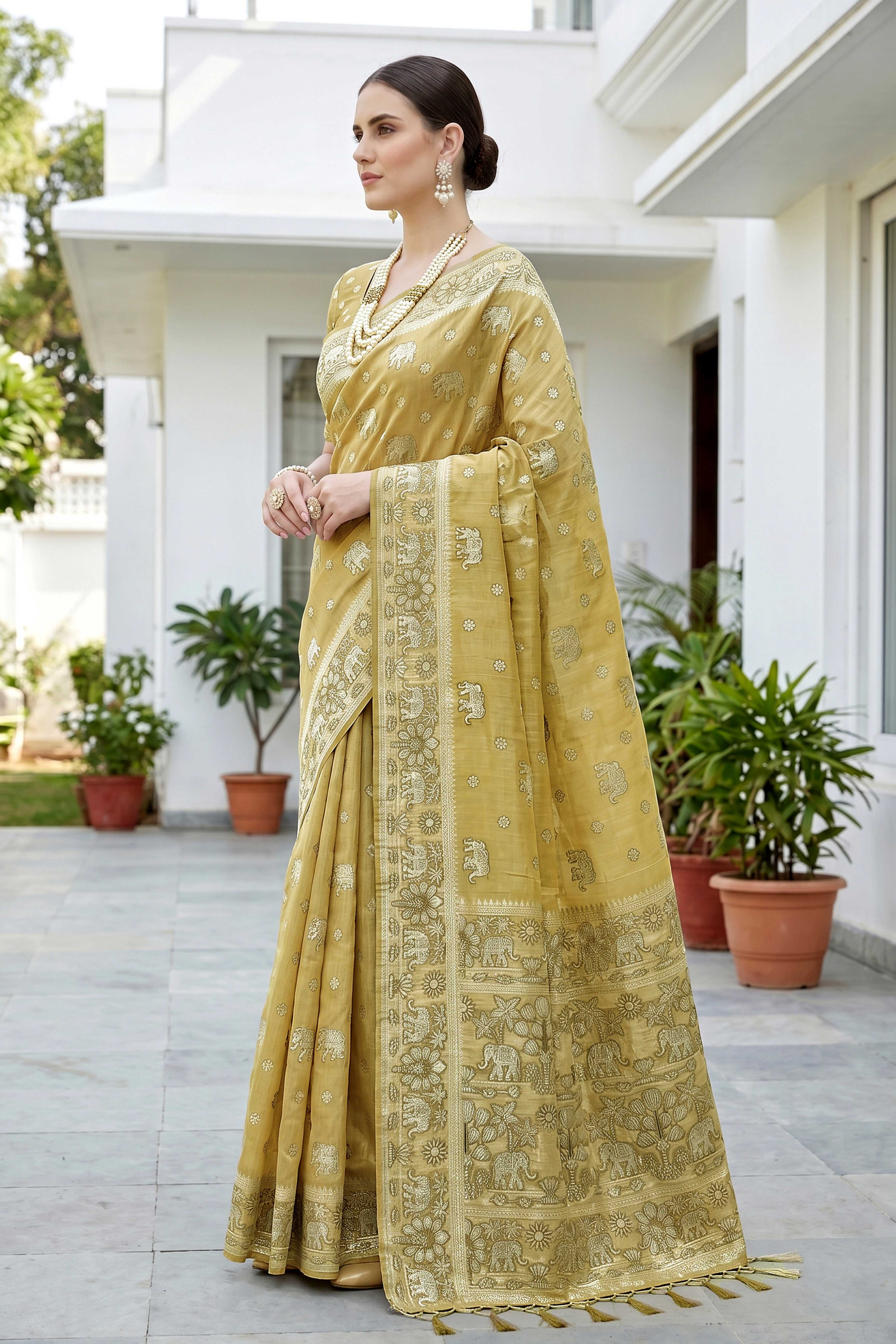 Sangam Prints Mustard Gold Cotton Blend Woven Work Traditional Saree - Dista