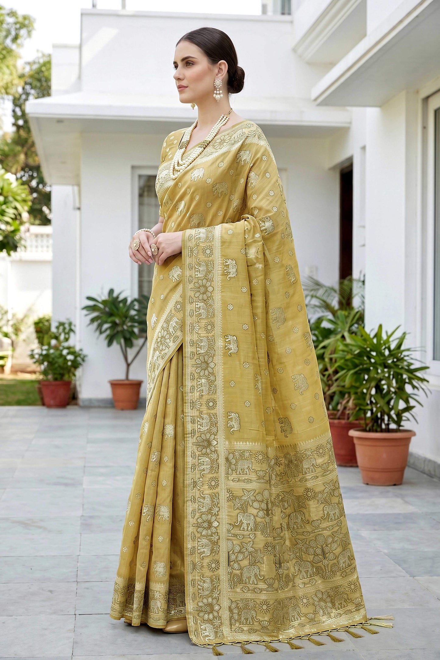 Sangam Prints Mustard Gold Cotton Blend Woven Work Traditional Saree - Dista