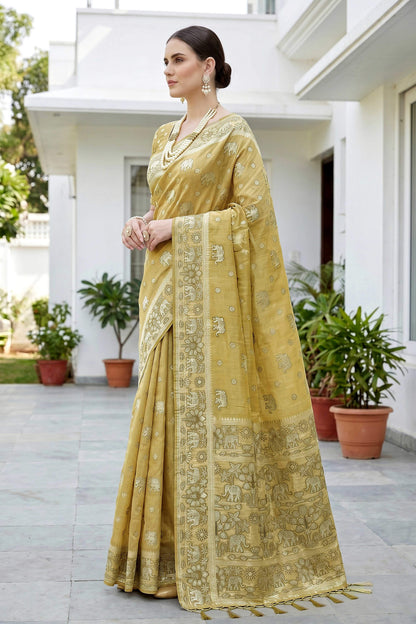 Sangam Prints Mustard Gold Cotton Blend Woven Work Traditional Saree - Dista