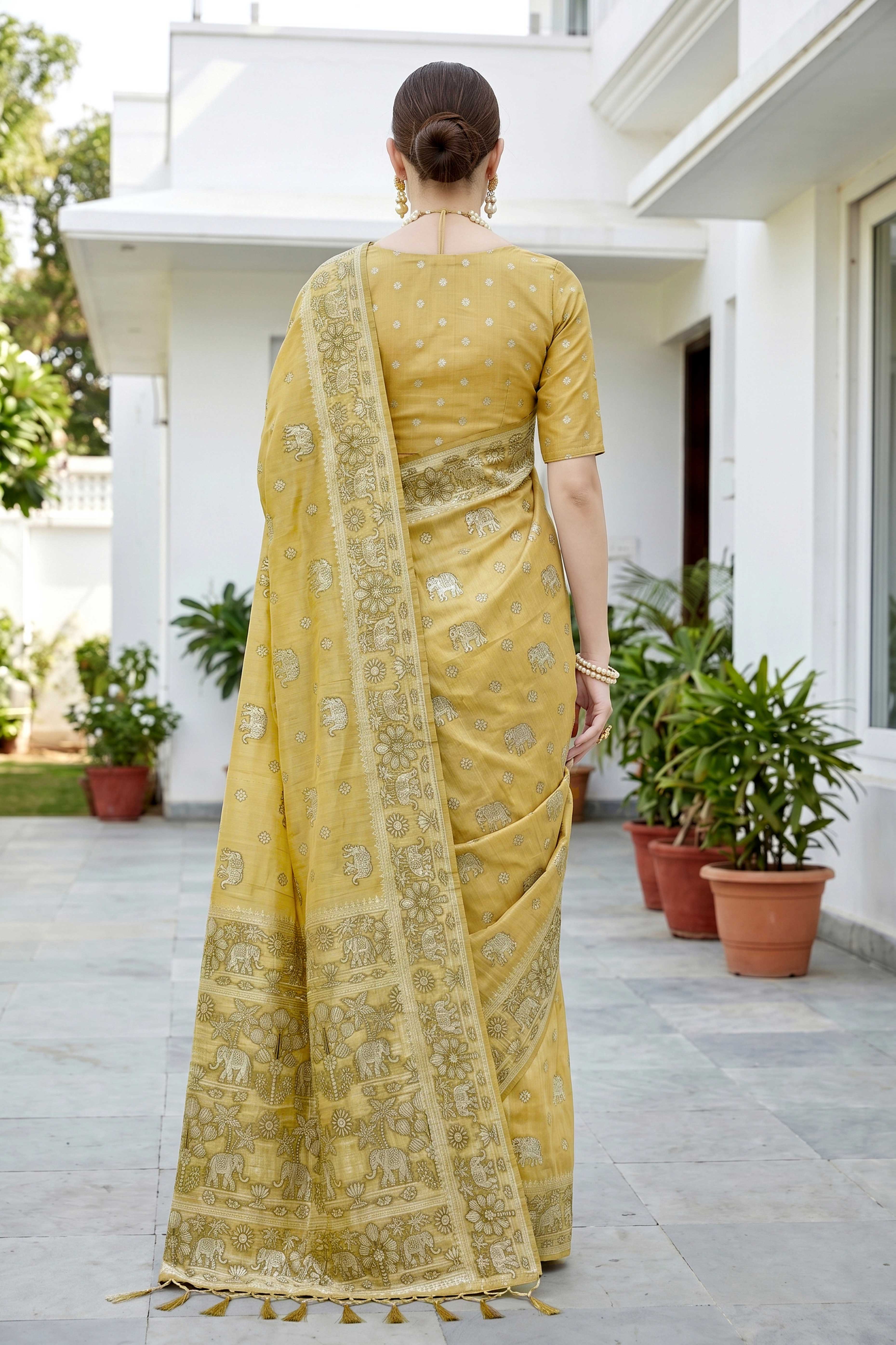 Sangam Prints Mustard Gold Cotton Blend Woven Work Traditional Saree - Dista