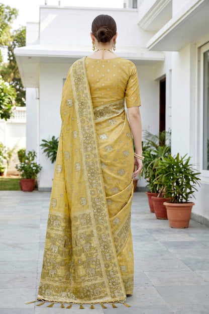 Sangam Prints Mustard Gold Cotton Blend Woven Work Traditional Saree - Dista