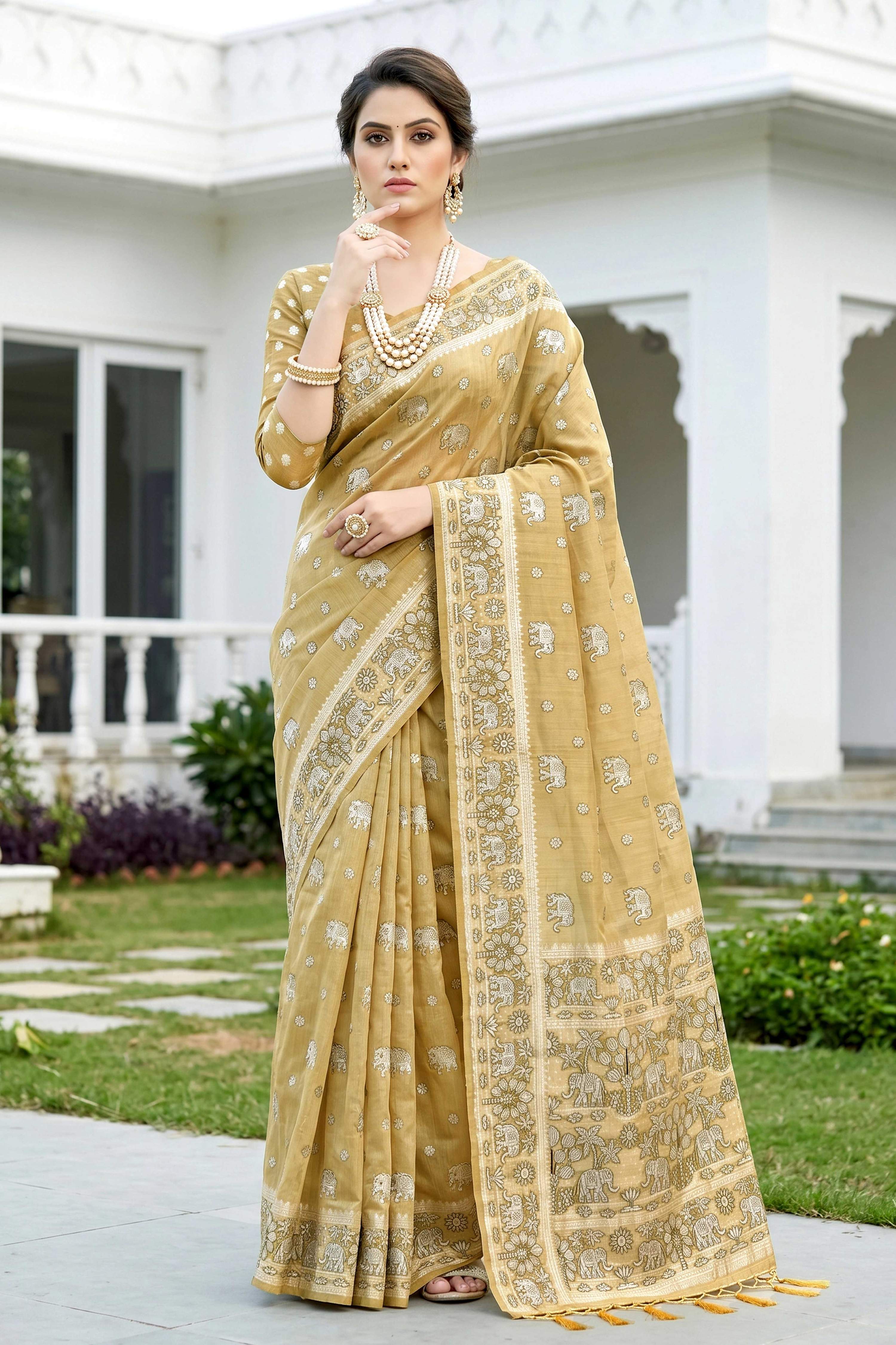 Sangam Prints Honey Gold Cotton Blend Woven Work Traditional Saree - Dista