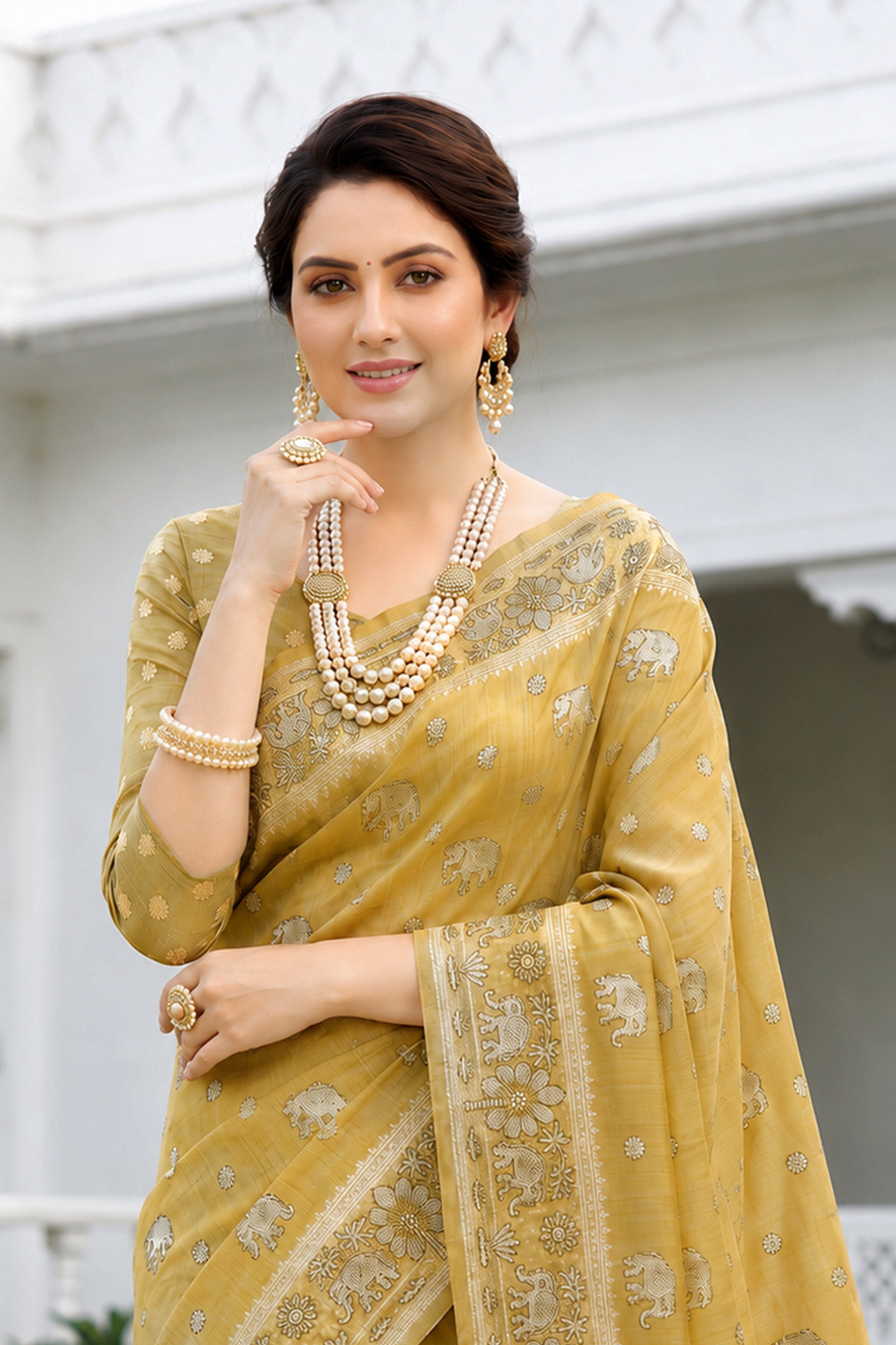 Sangam Prints Honey Gold Cotton Blend Woven Work Traditional Saree - Dista