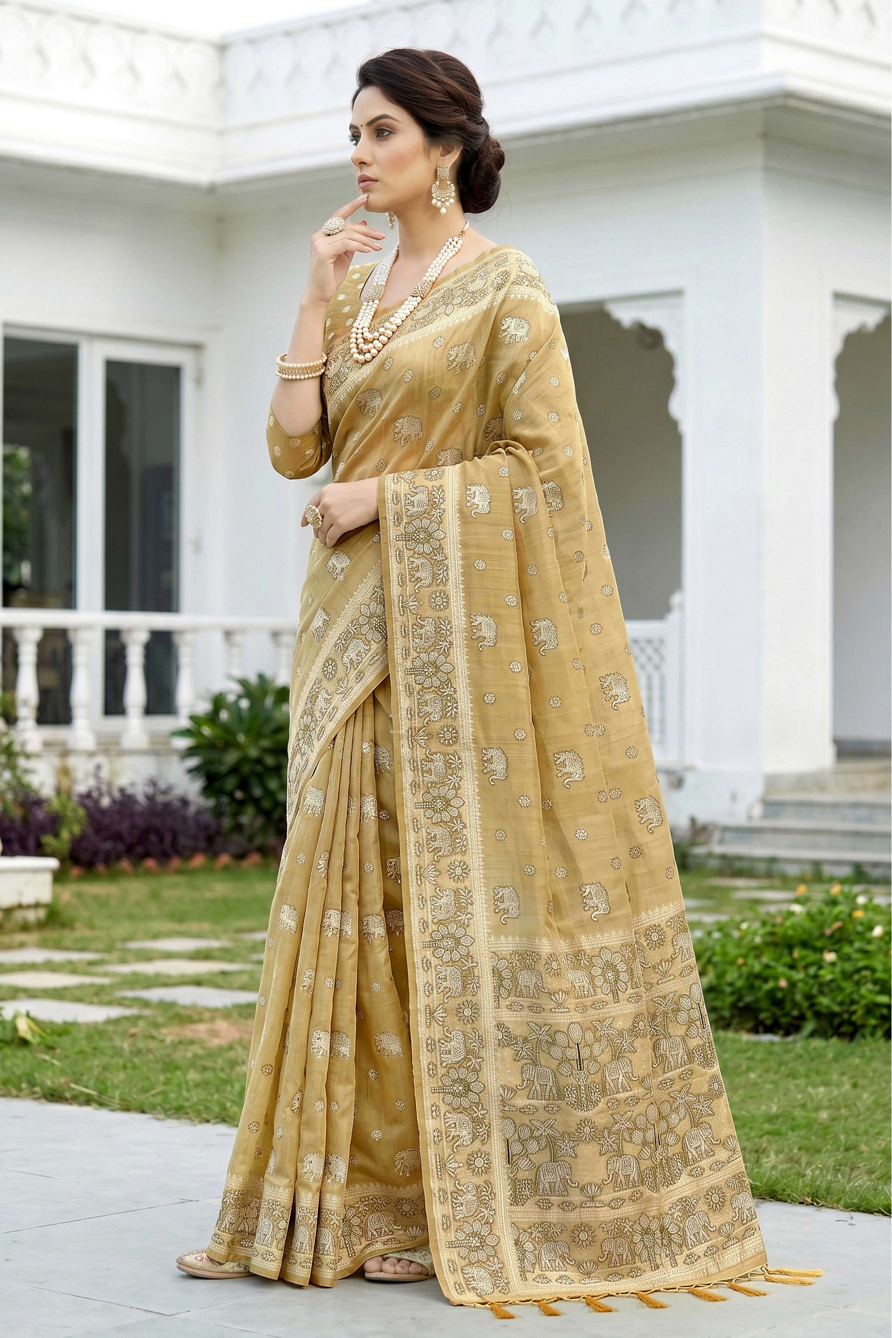 Sangam Prints Honey Gold Cotton Blend Woven Work Traditional Saree - Dista