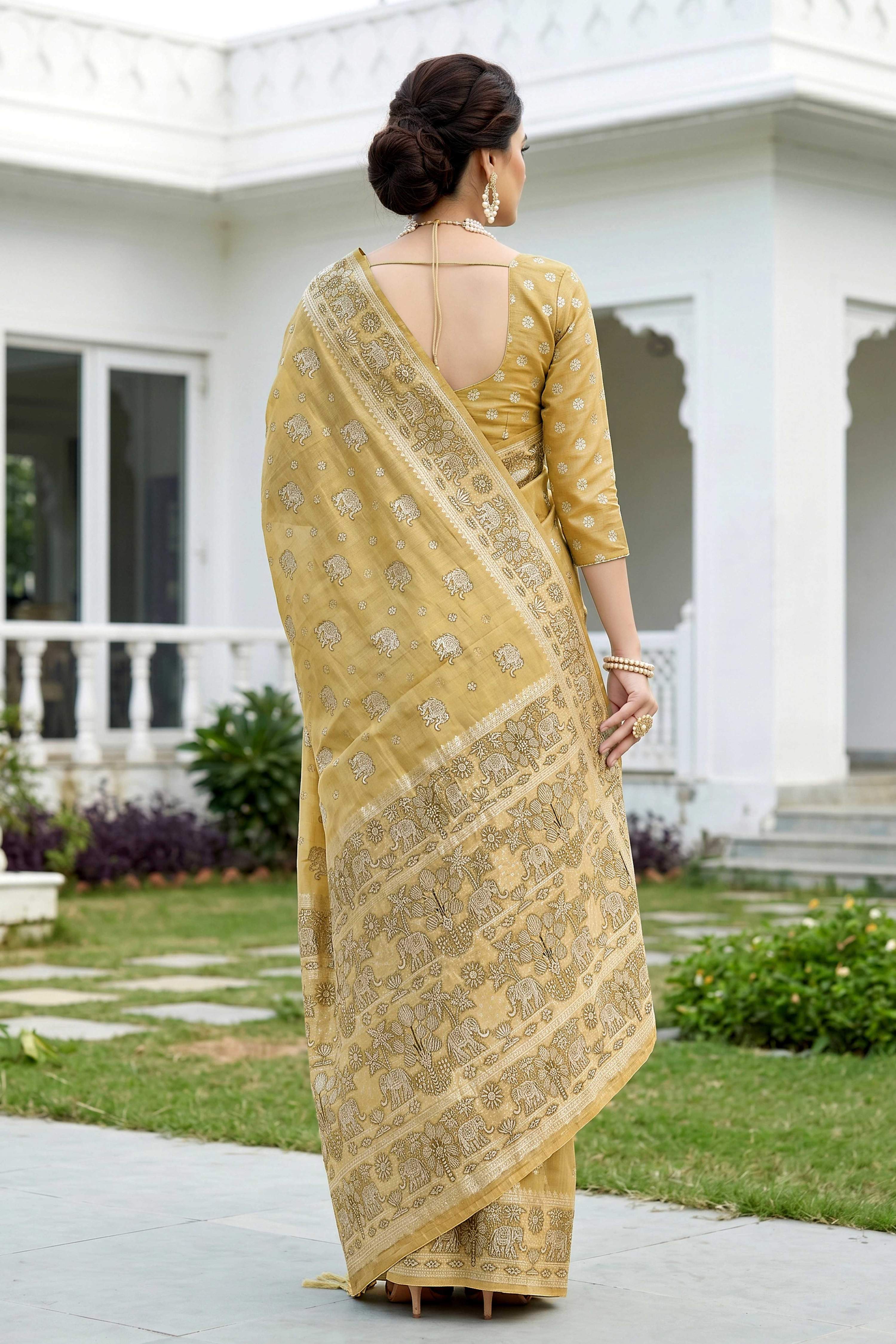 Sangam Prints Honey Gold Cotton Blend Woven Work Traditional Saree - Dista