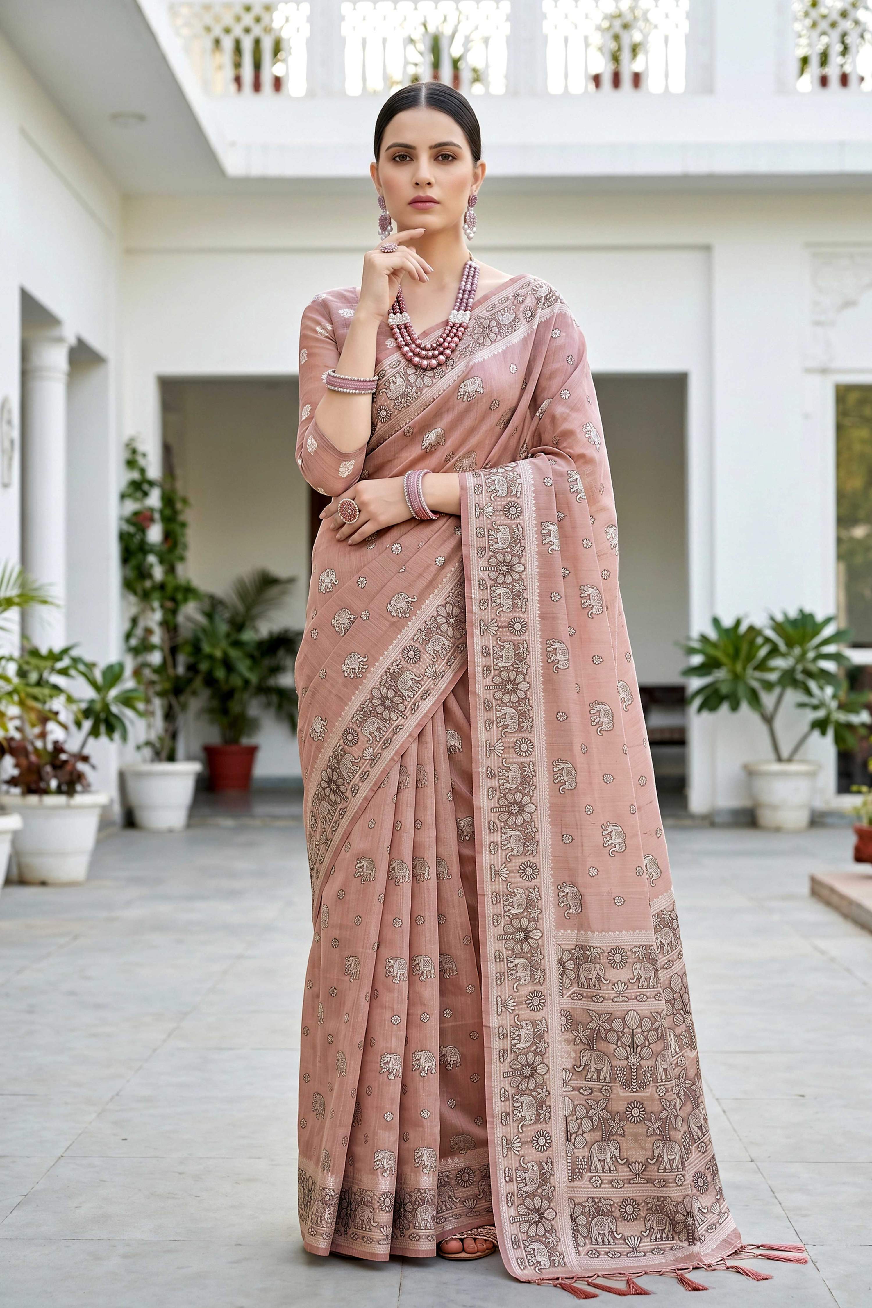 Sangam Prints Dusty Rose Cotton Blend Woven Work Traditional Saree - Dista