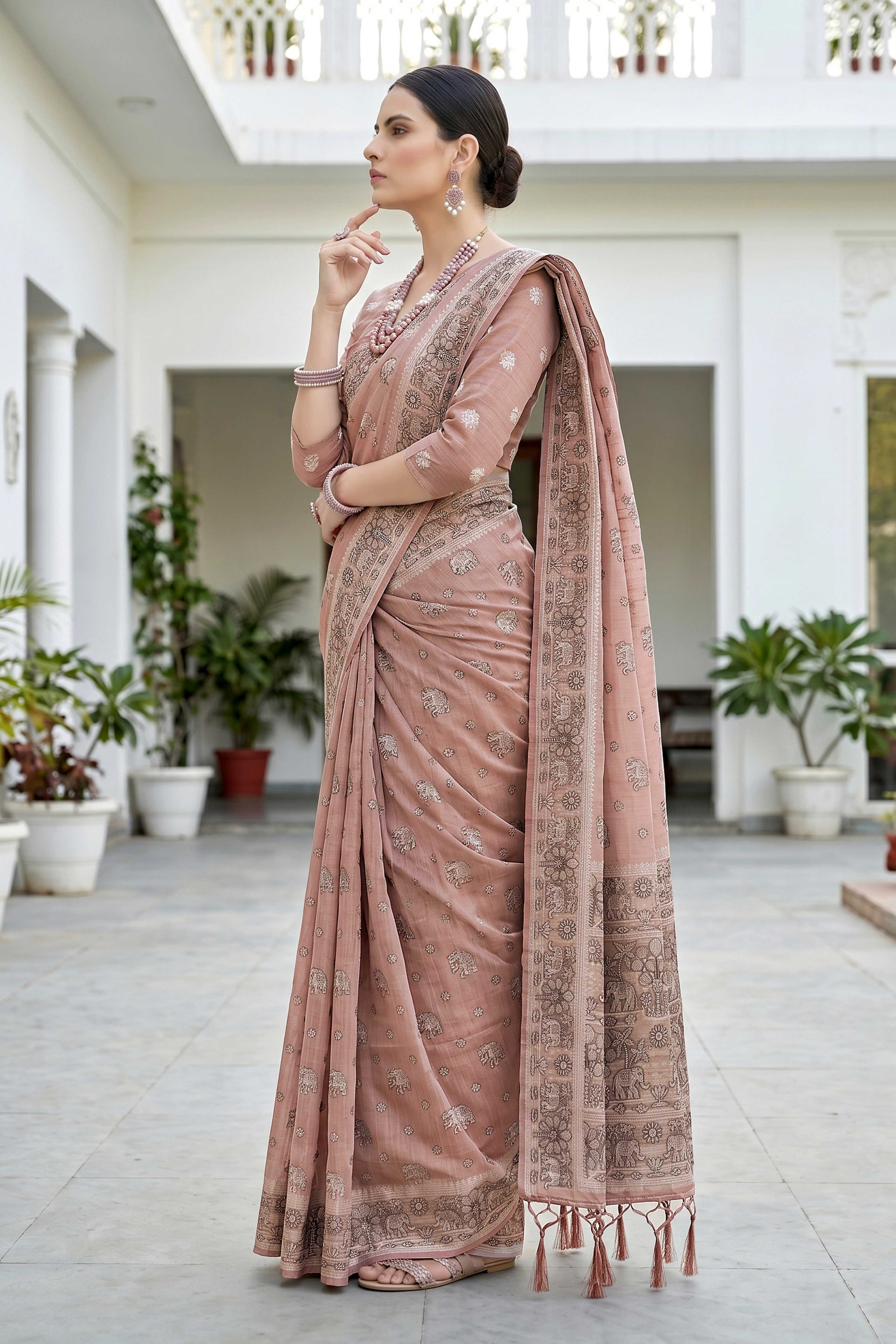 Sangam Prints Dusty Rose Cotton Blend Woven Work Traditional Saree - Dista