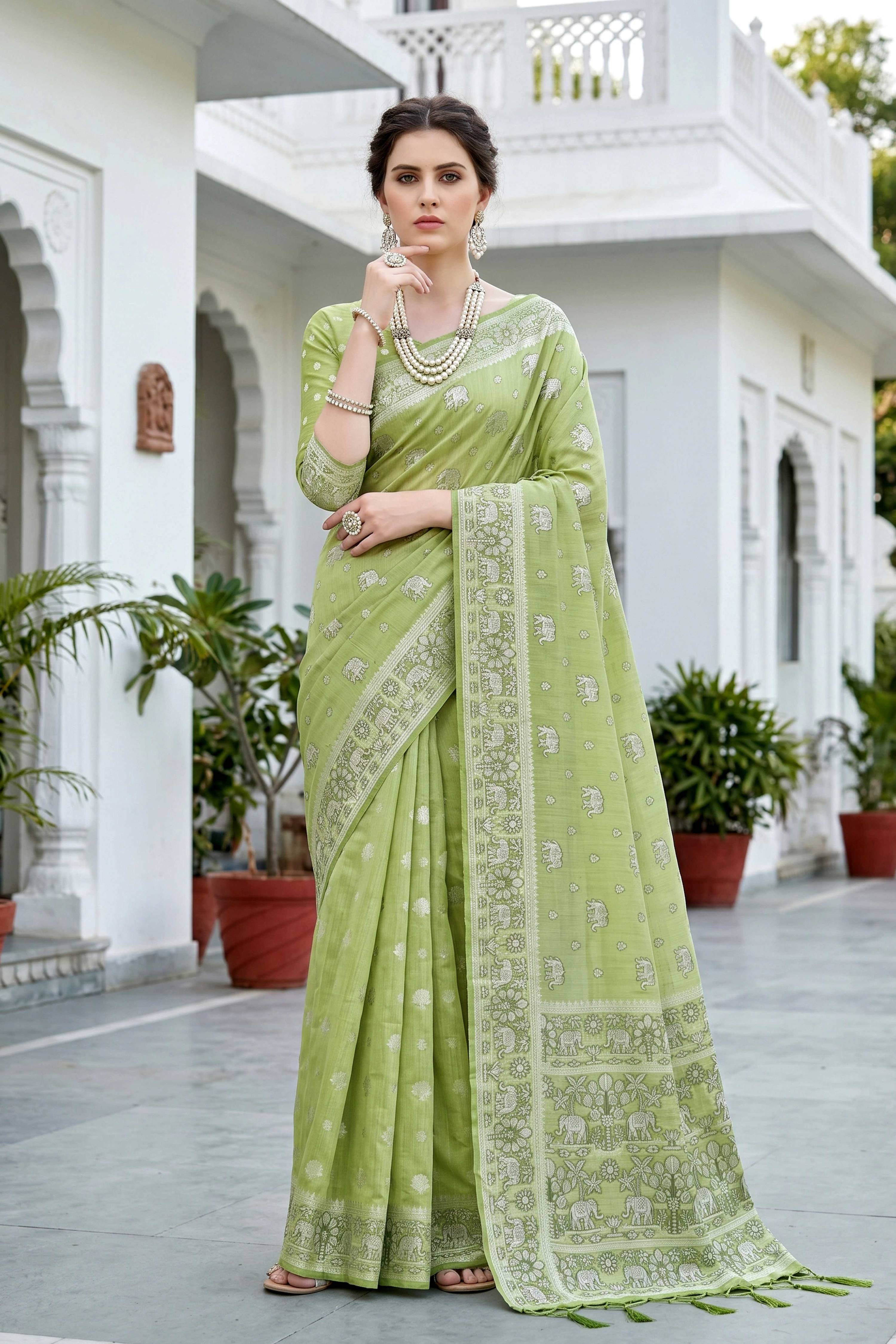 Sangam Prints Pista Green Cotton Blend Woven Work Traditional Saree - Dista