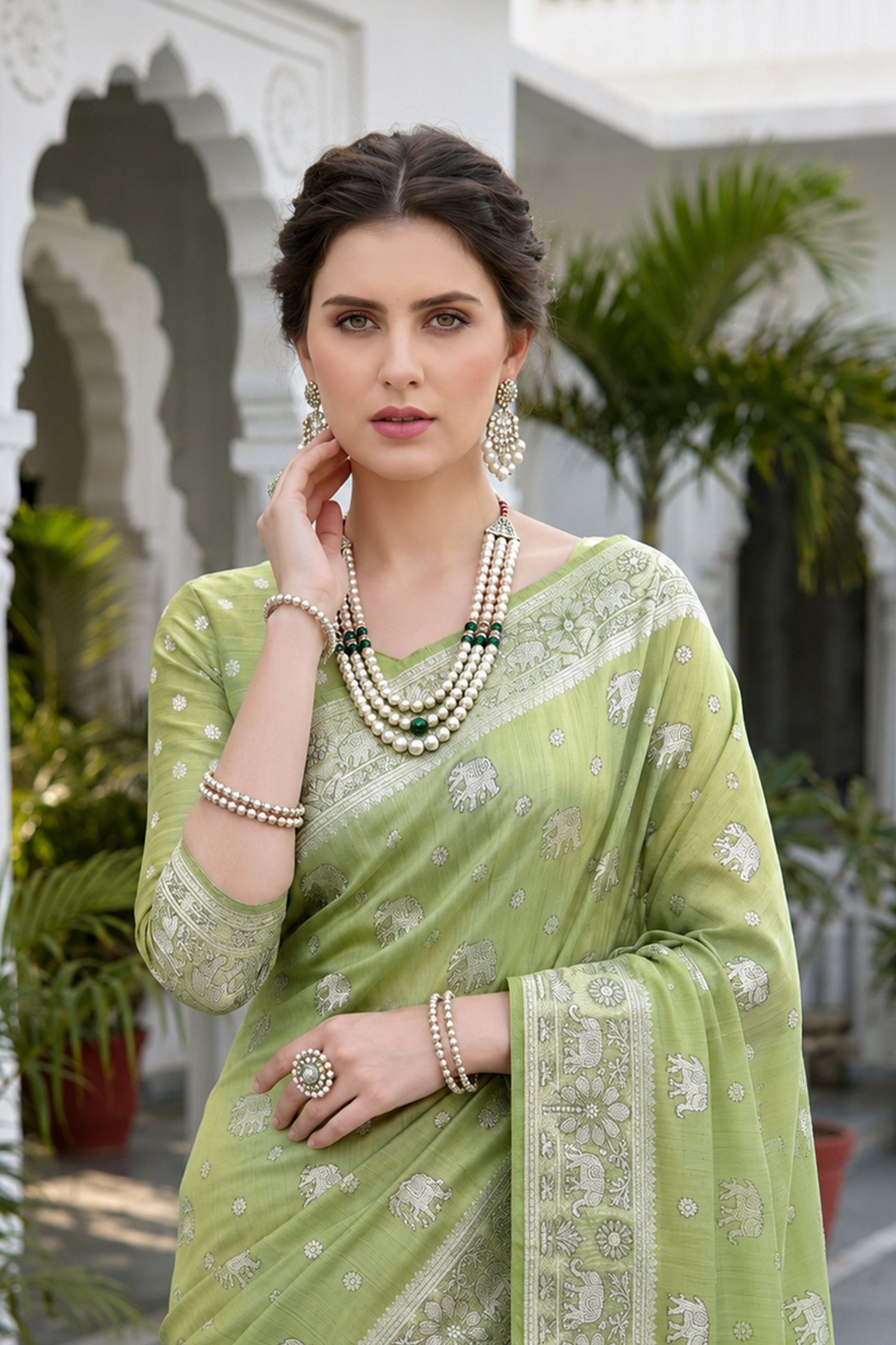 Sangam Prints Pista Green Cotton Blend Woven Work Traditional Saree - Dista
