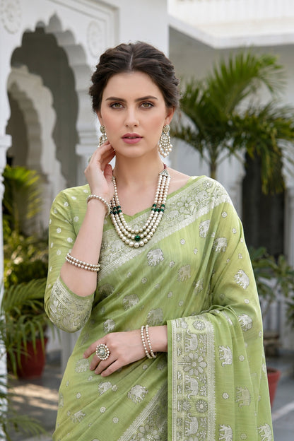 Sangam Prints Pista Green Cotton Blend Woven Work Traditional Saree - Dista
