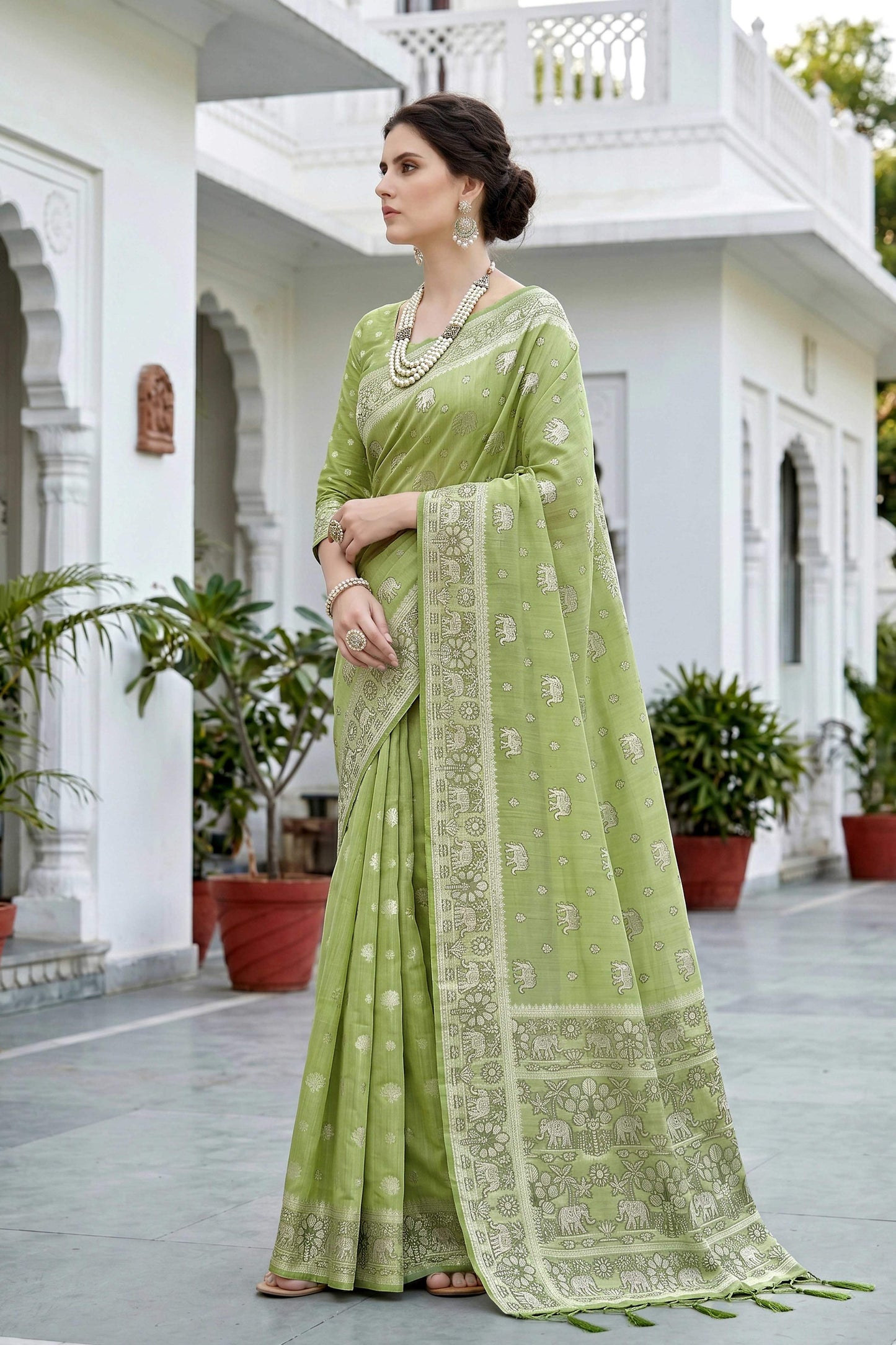 Sangam Prints Pista Green Cotton Blend Woven Work Traditional Saree - Dista