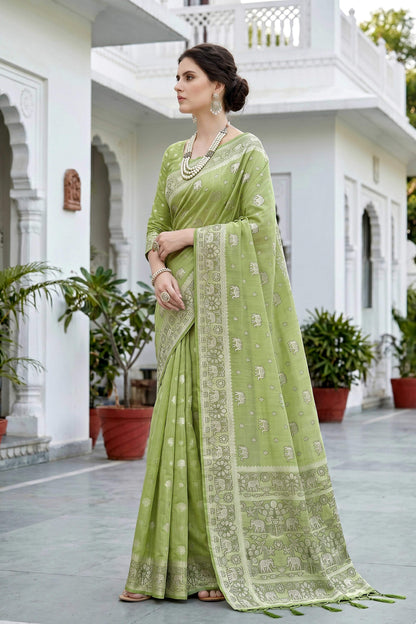 Sangam Prints Pista Green Cotton Blend Woven Work Traditional Saree - Dista