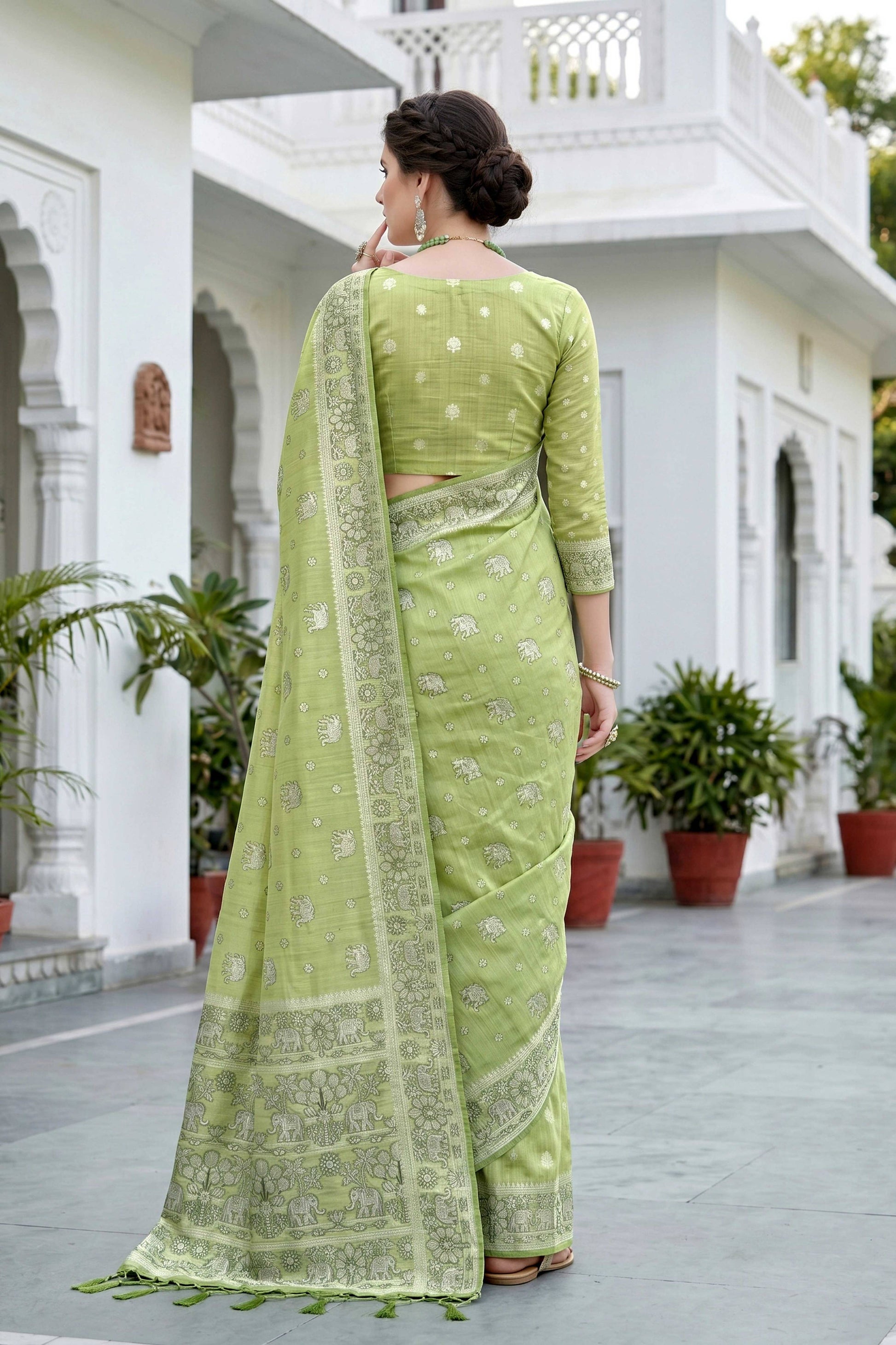 Sangam Prints Pista Green Cotton Blend Woven Work Traditional Saree - Dista