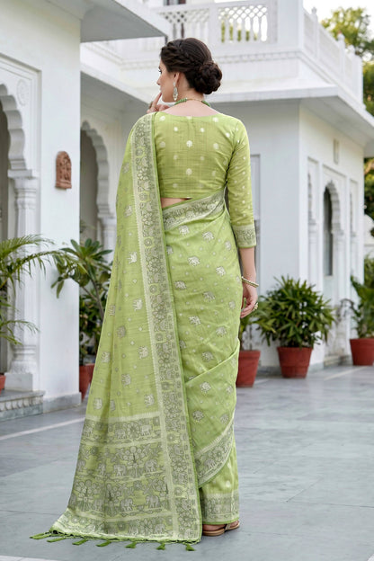 Sangam Prints Pista Green Cotton Blend Woven Work Traditional Saree - Dista