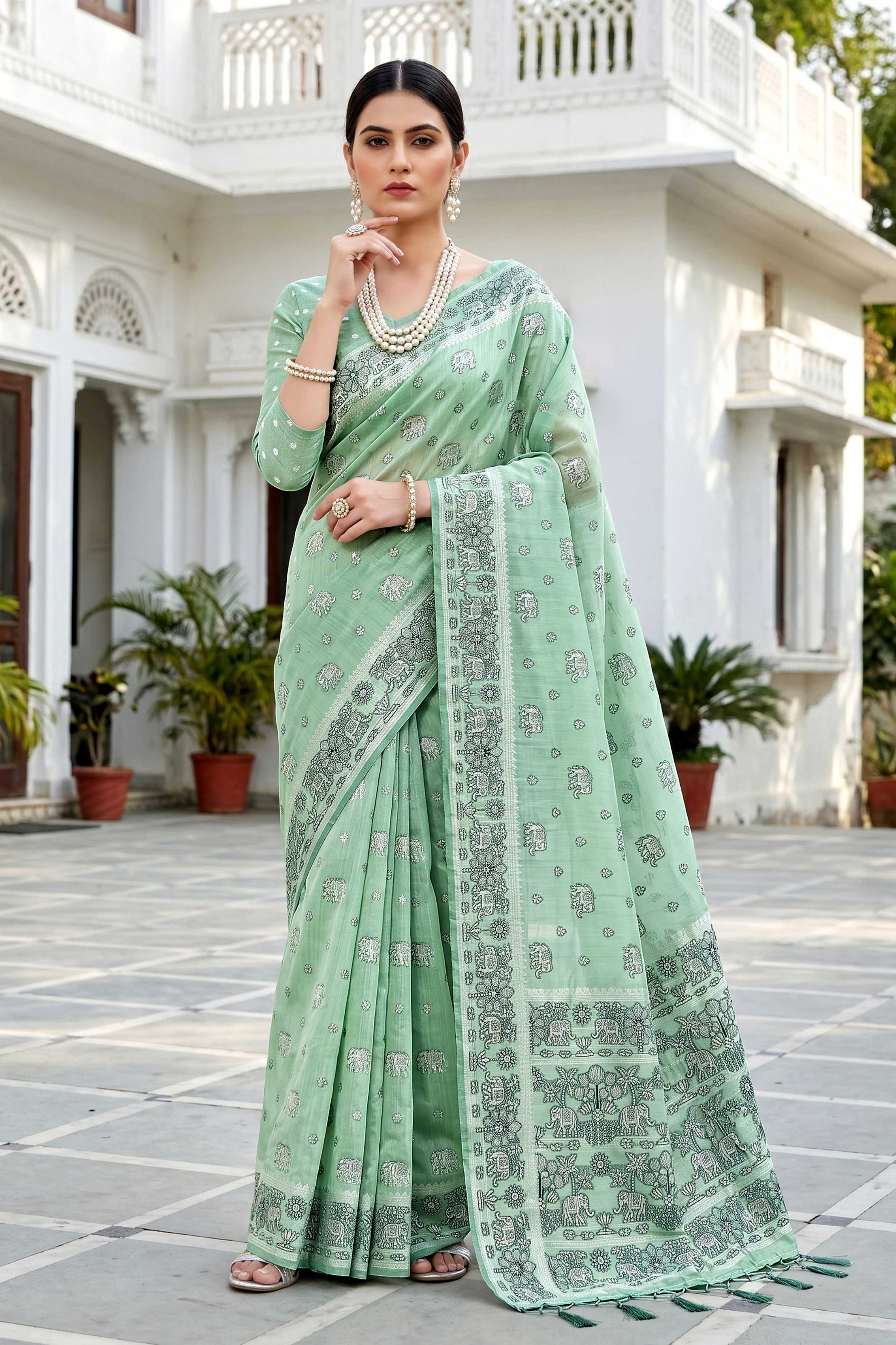 Sangam Prints Mint Green Cotton Blend Woven Work Traditional Saree - Dista