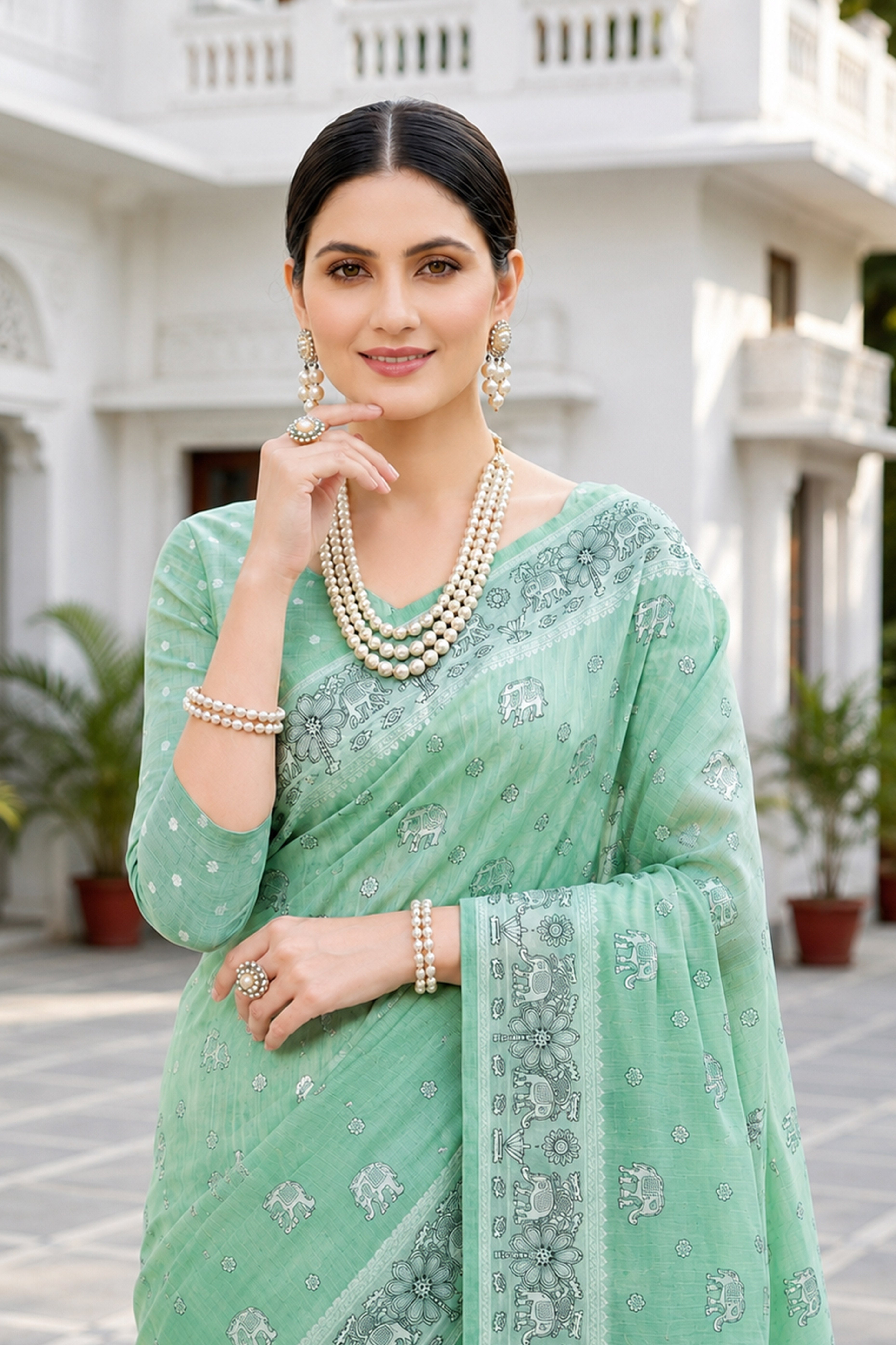Sangam Prints Mint Green Cotton Blend Woven Work Traditional Saree - Dista