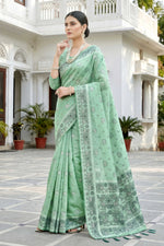 Thumbnail for Sangam Prints Mint Green Cotton Blend Woven Work Traditional Saree - Dista