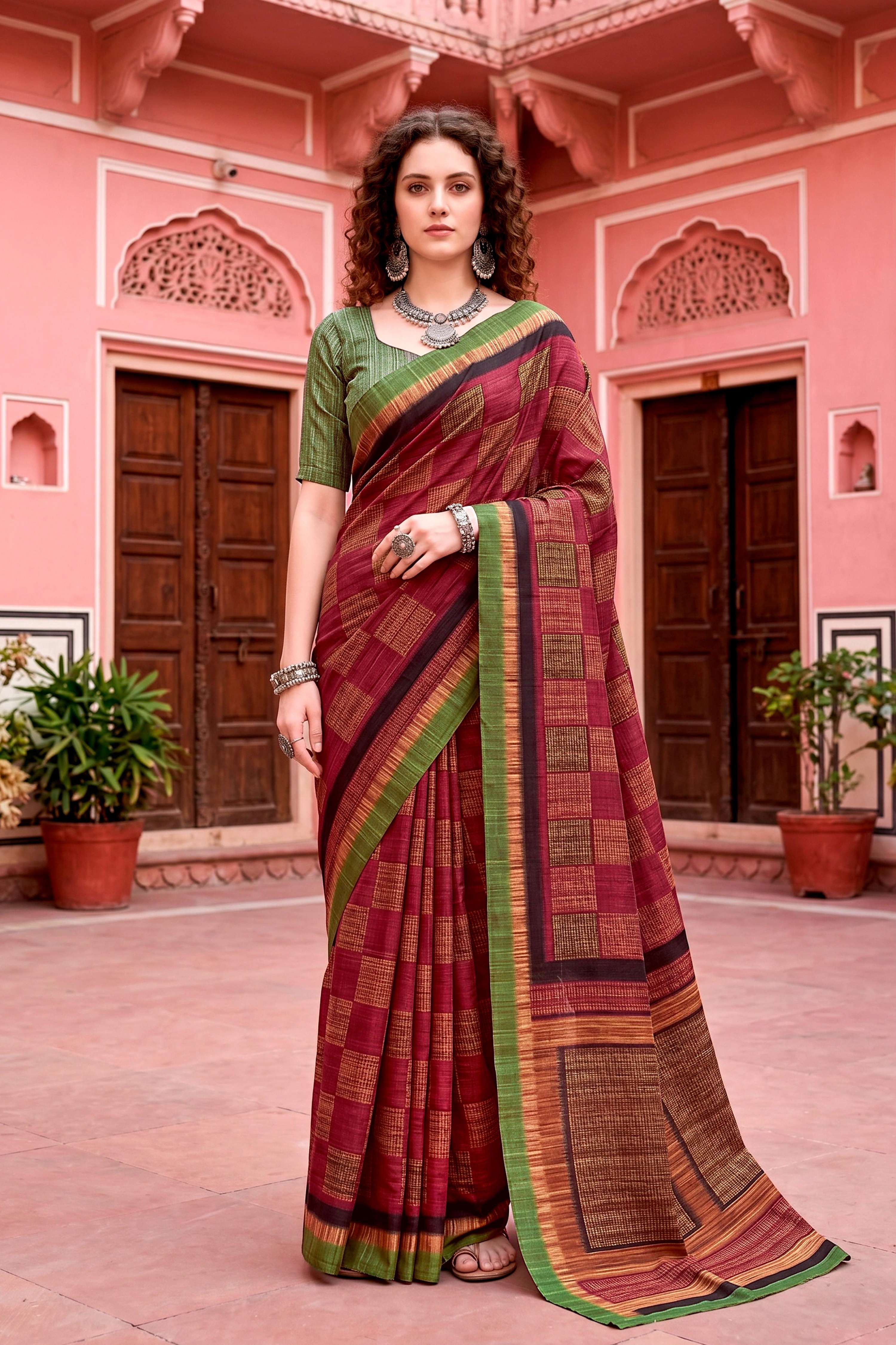 Sangam Prints Maroon Cotton Blend Woven Work Traditional Saree - Dista