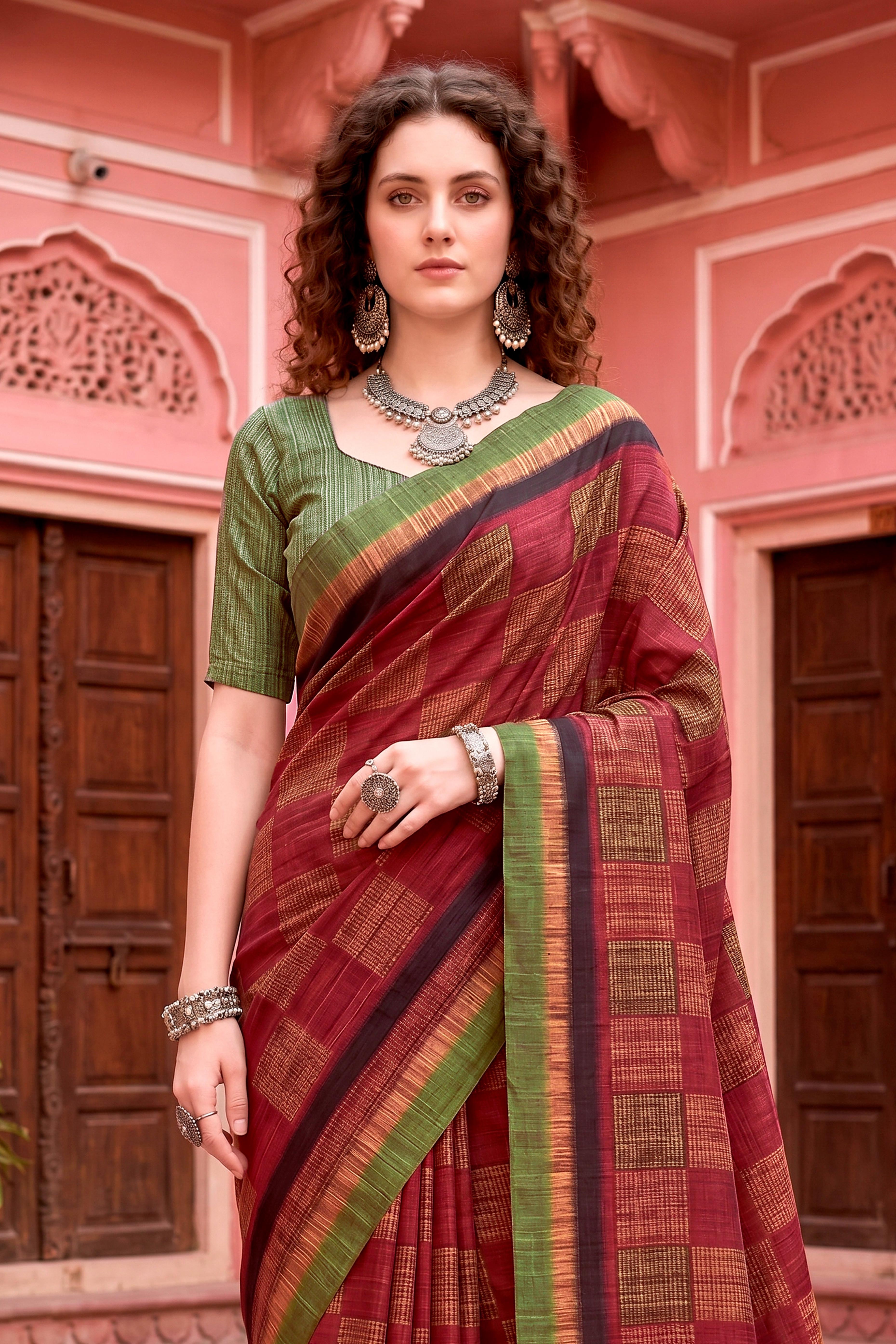 Sangam Prints Maroon Cotton Blend Woven Work Traditional Saree - Dista