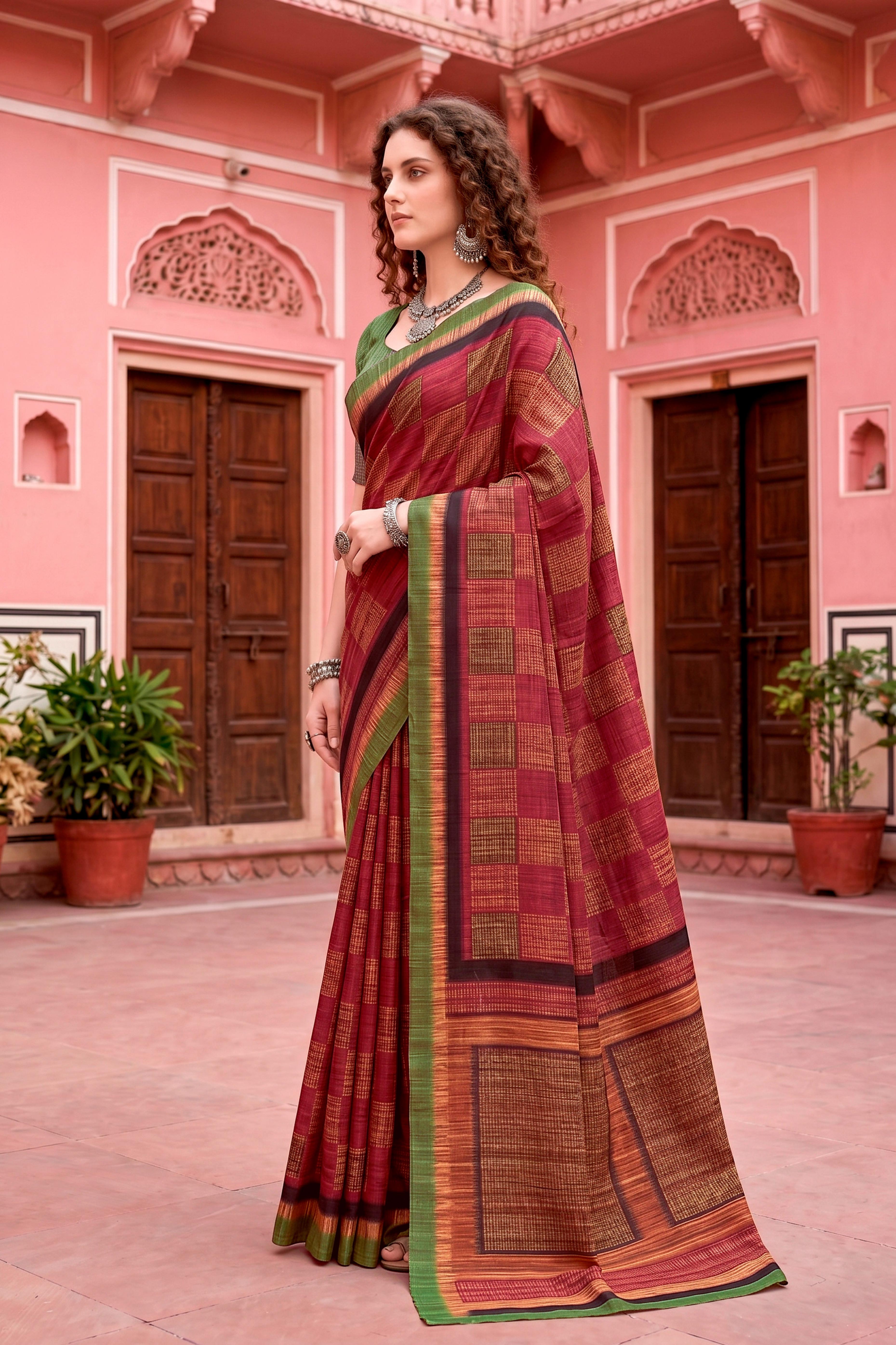 Sangam Prints Maroon Cotton Blend Woven Work Traditional Saree - Dista