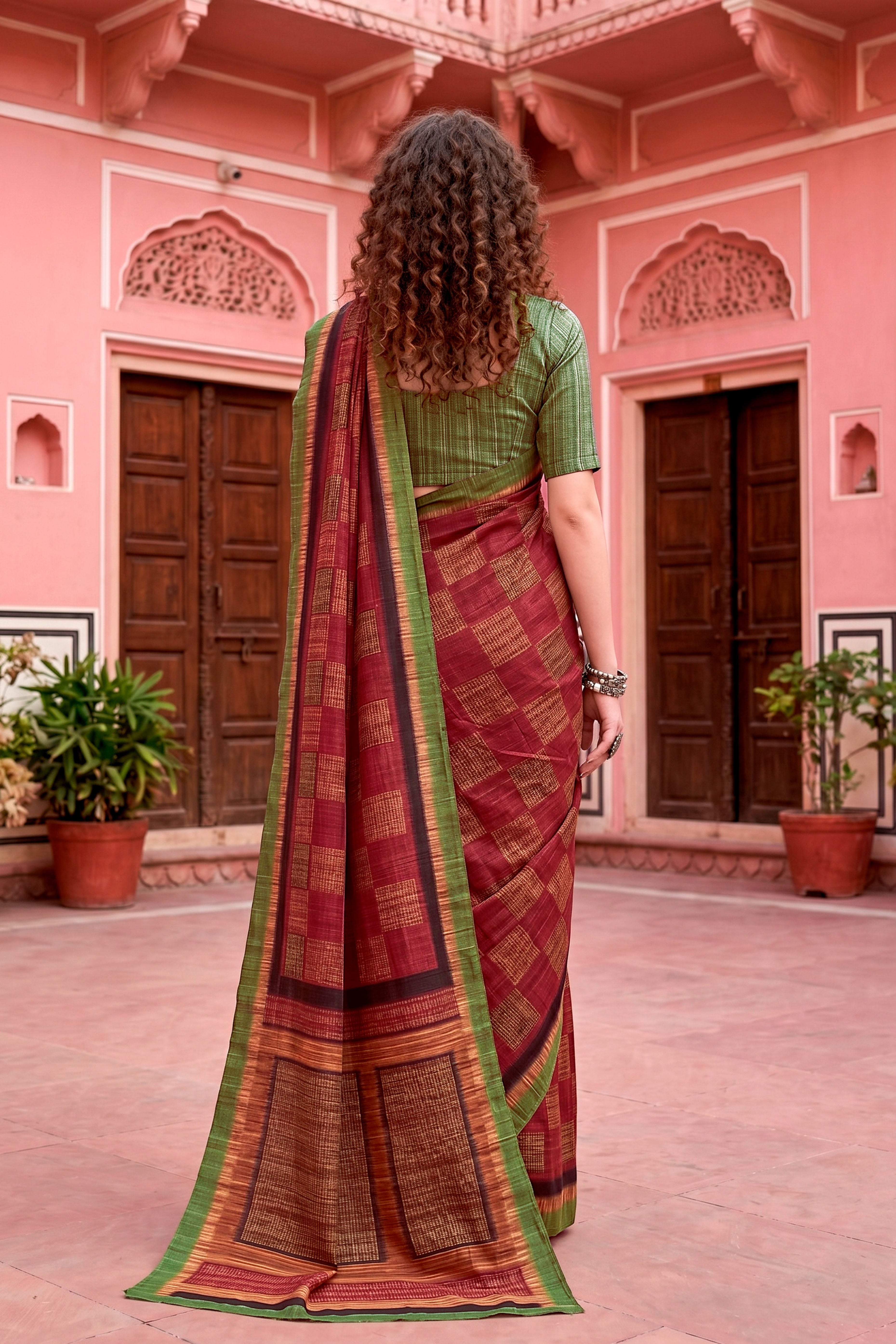 Sangam Prints Maroon Cotton Blend Woven Work Traditional Saree - Dista