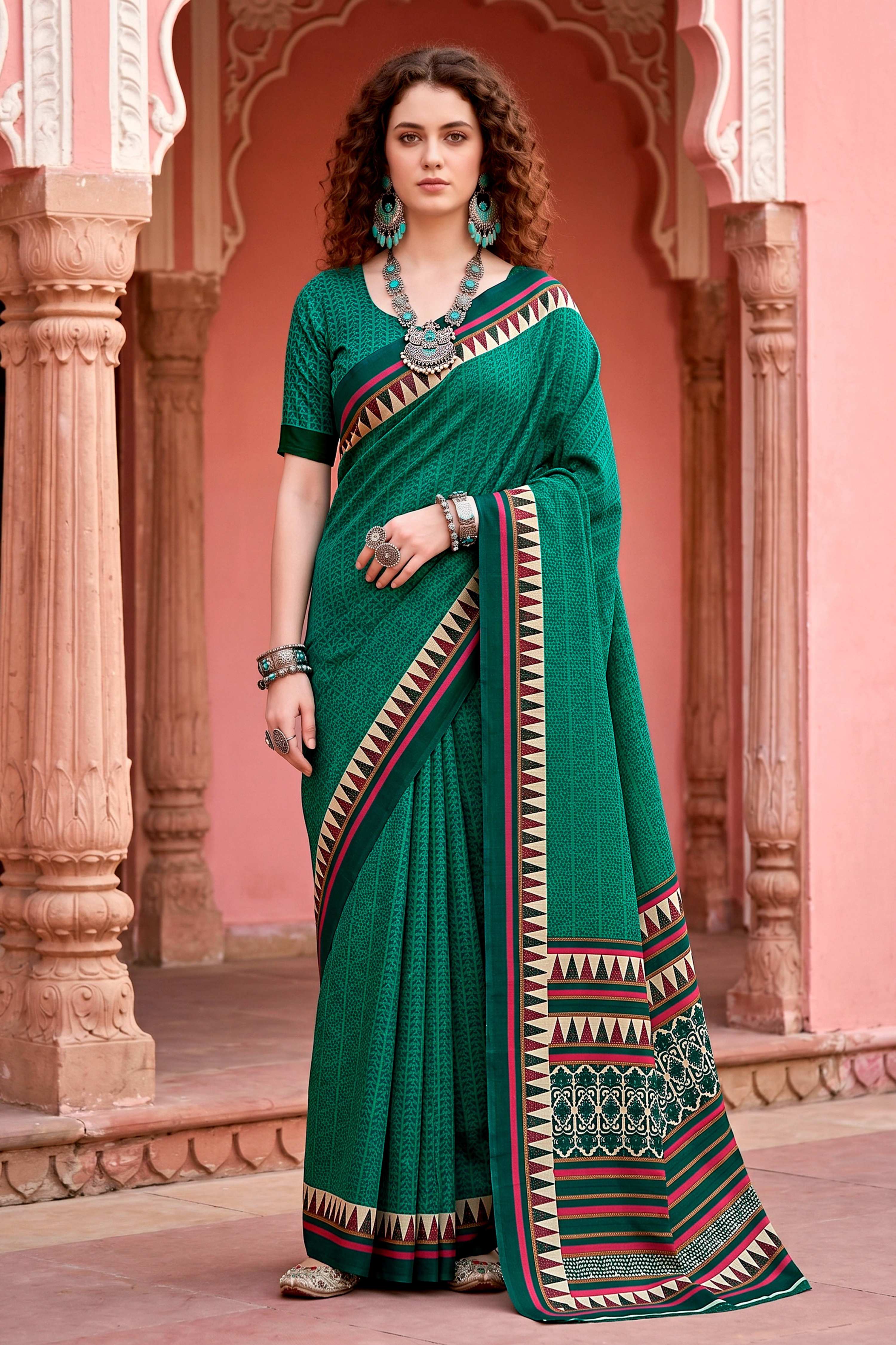 Sangam Prints Bottle Green Cotton Blend Woven Work Traditional Saree - Dista