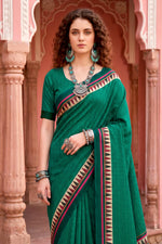 Thumbnail for Sangam Prints Bottle Green Cotton Blend Woven Work Traditional Saree - Dista