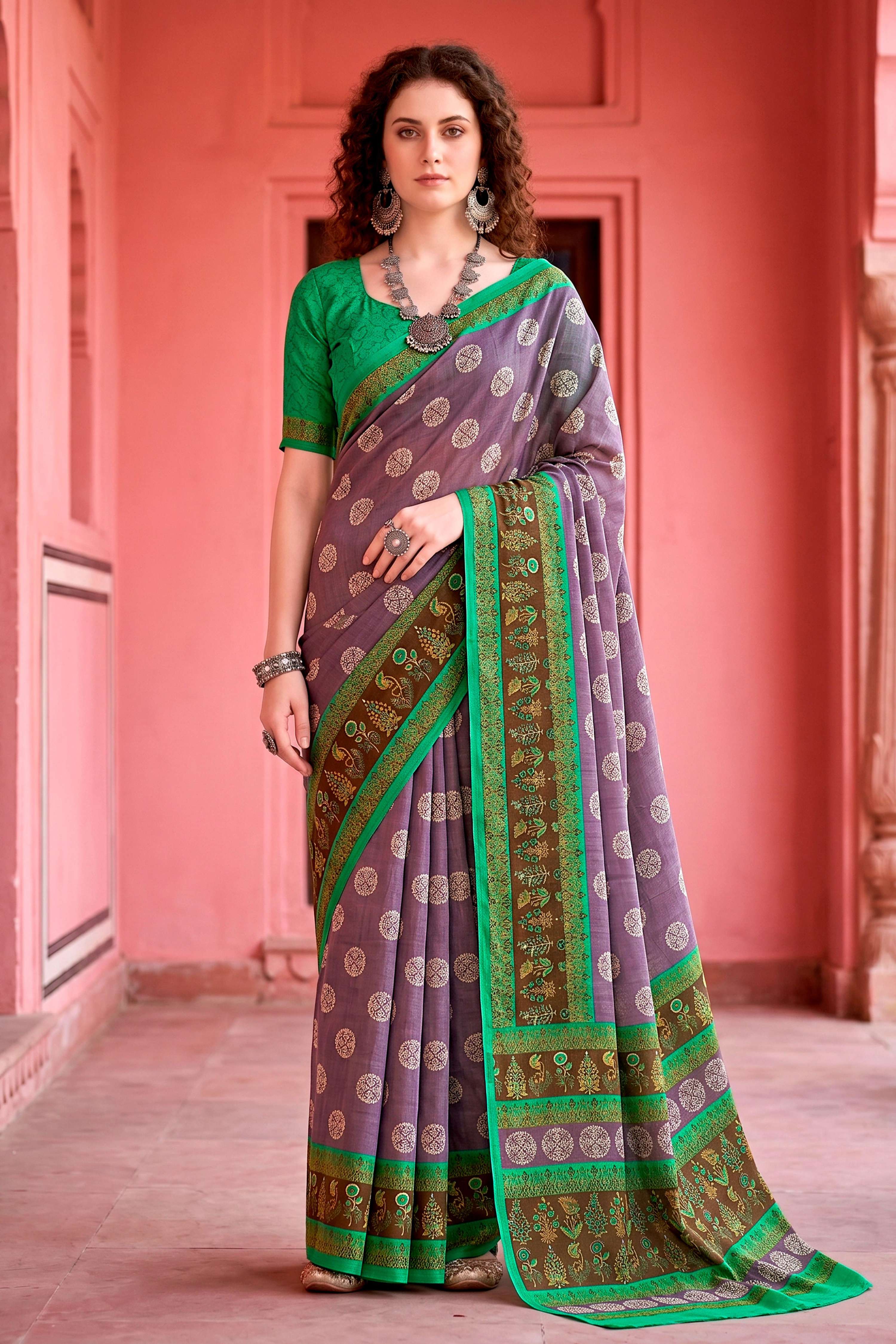 Sangam Prints Smoky Lavender Cotton Blend Woven Work Traditional Saree - Dista