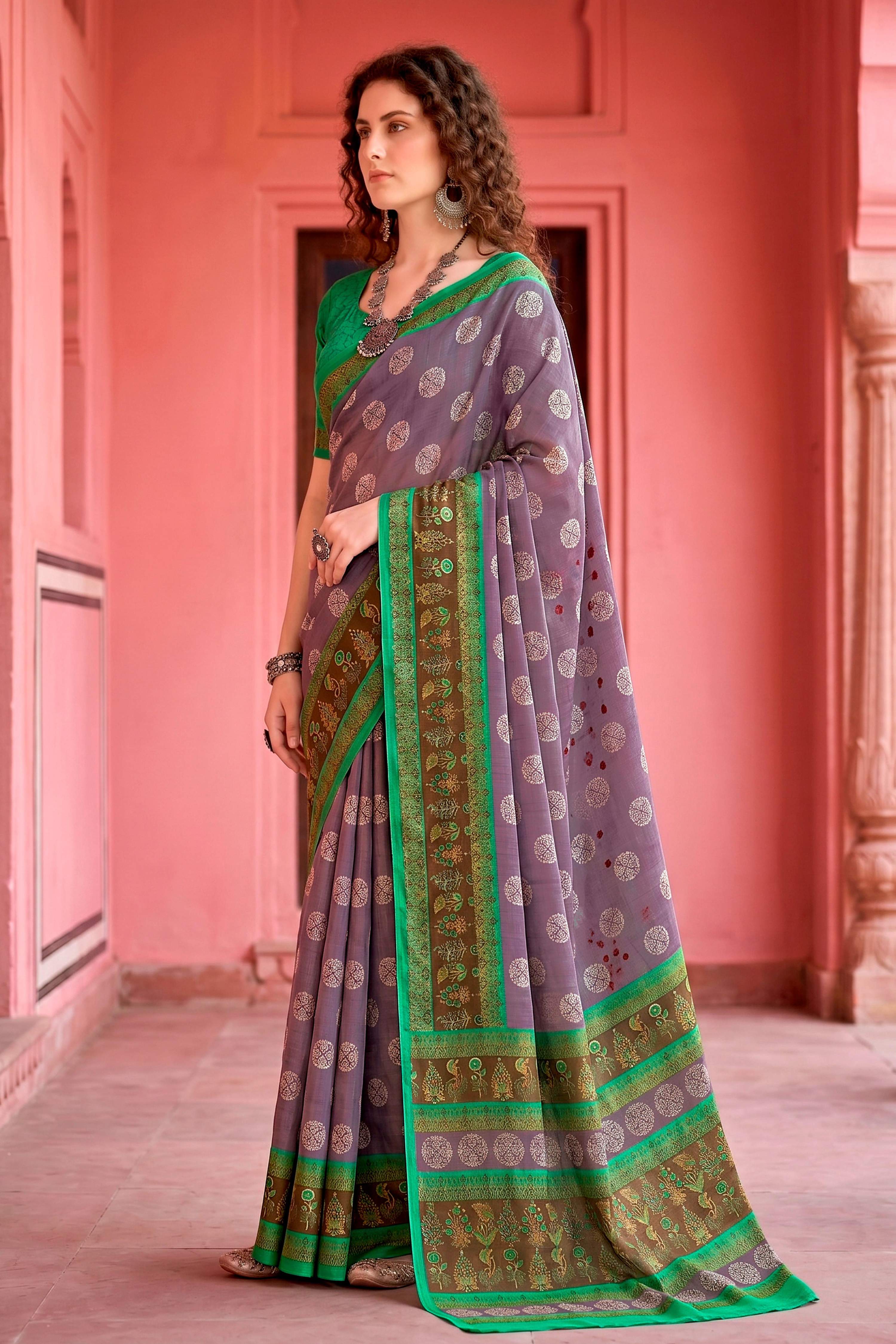 Sangam Prints Smoky Lavender Cotton Blend Woven Work Traditional Saree - Dista