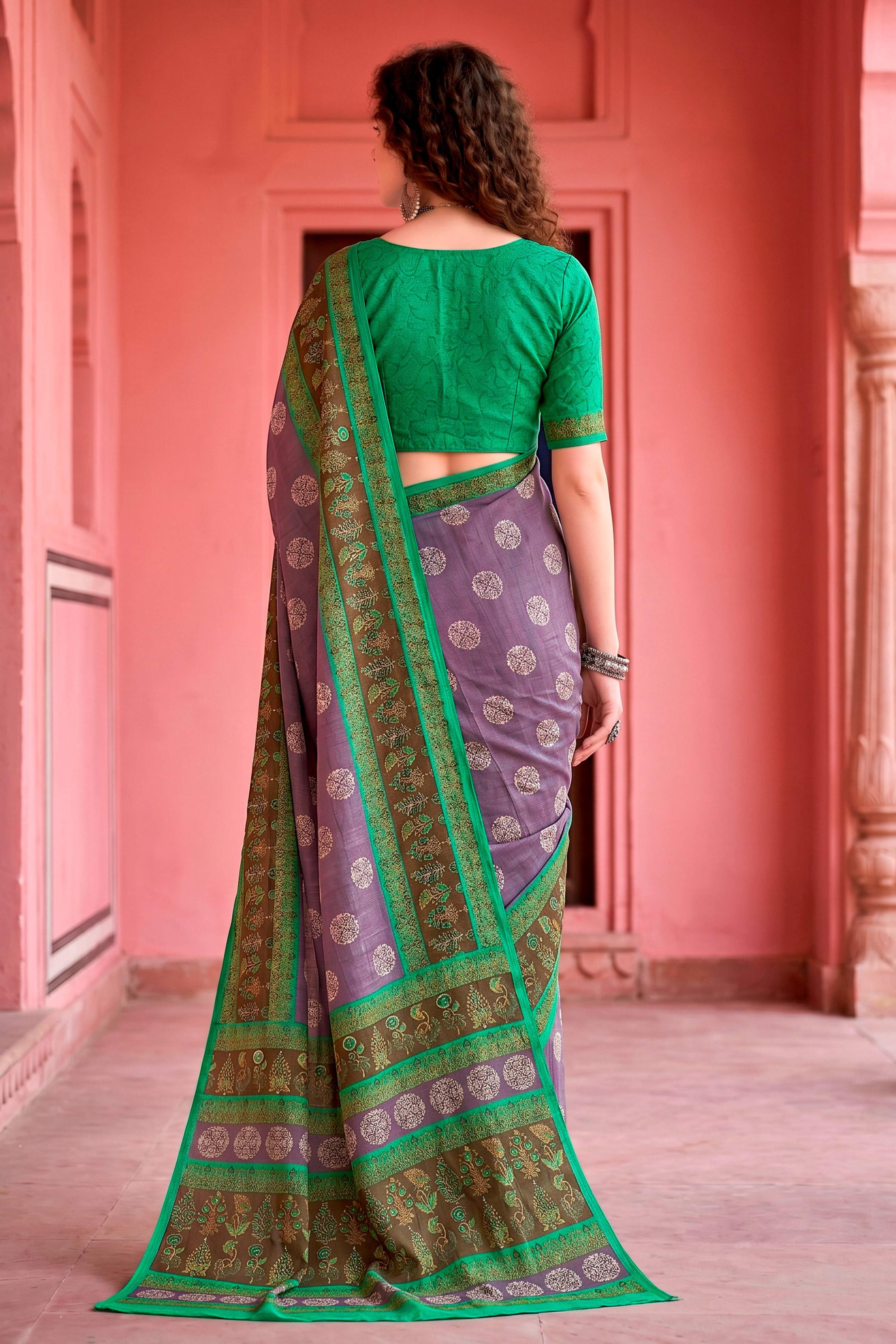 Sangam Prints Smoky Lavender Cotton Blend Woven Work Traditional Saree - Dista