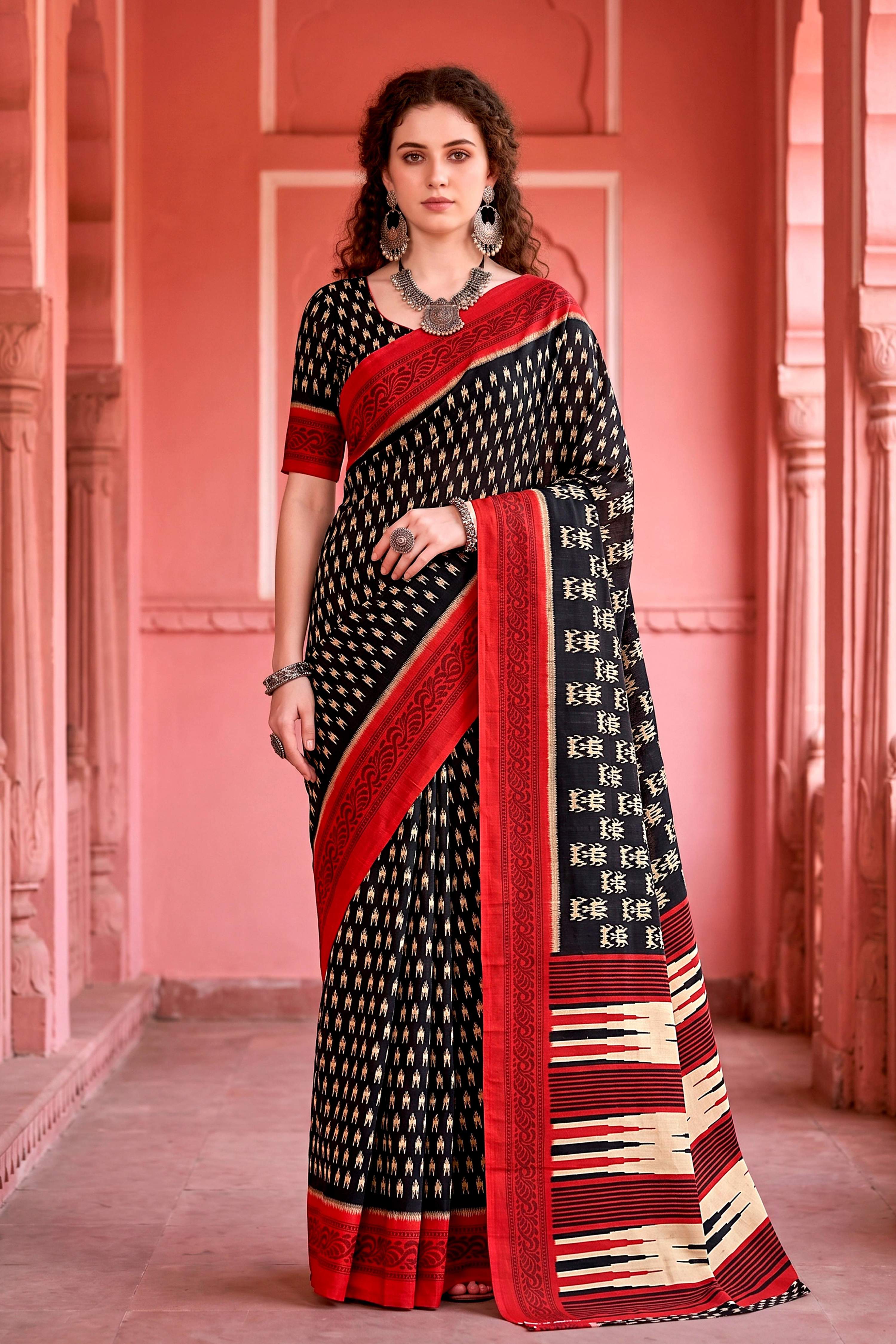 Sangam Prints Black Cotton Blend Woven Work Traditional Saree - Dista