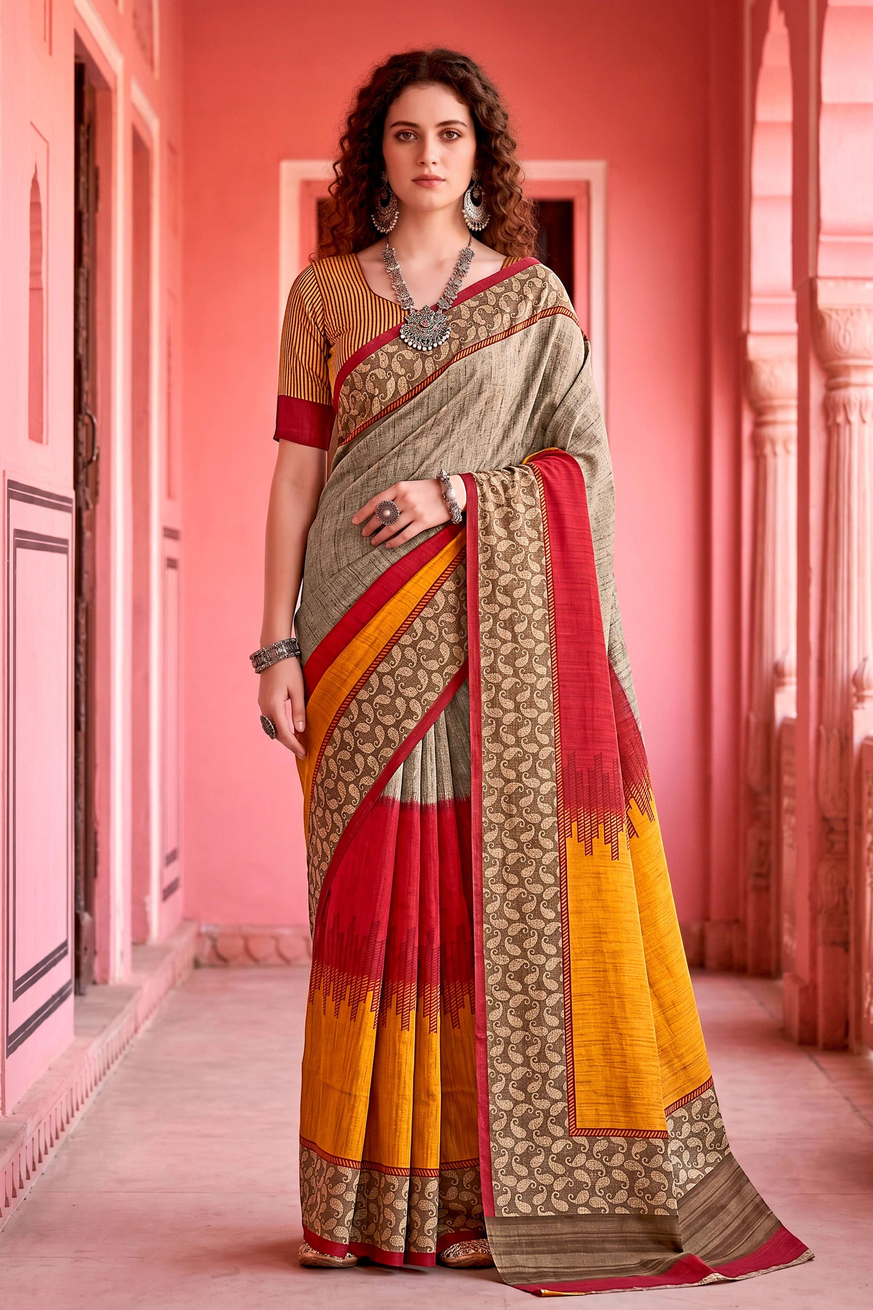 Sangam Prints Grey Cotton Blend Woven Work Traditional Saree - Dista