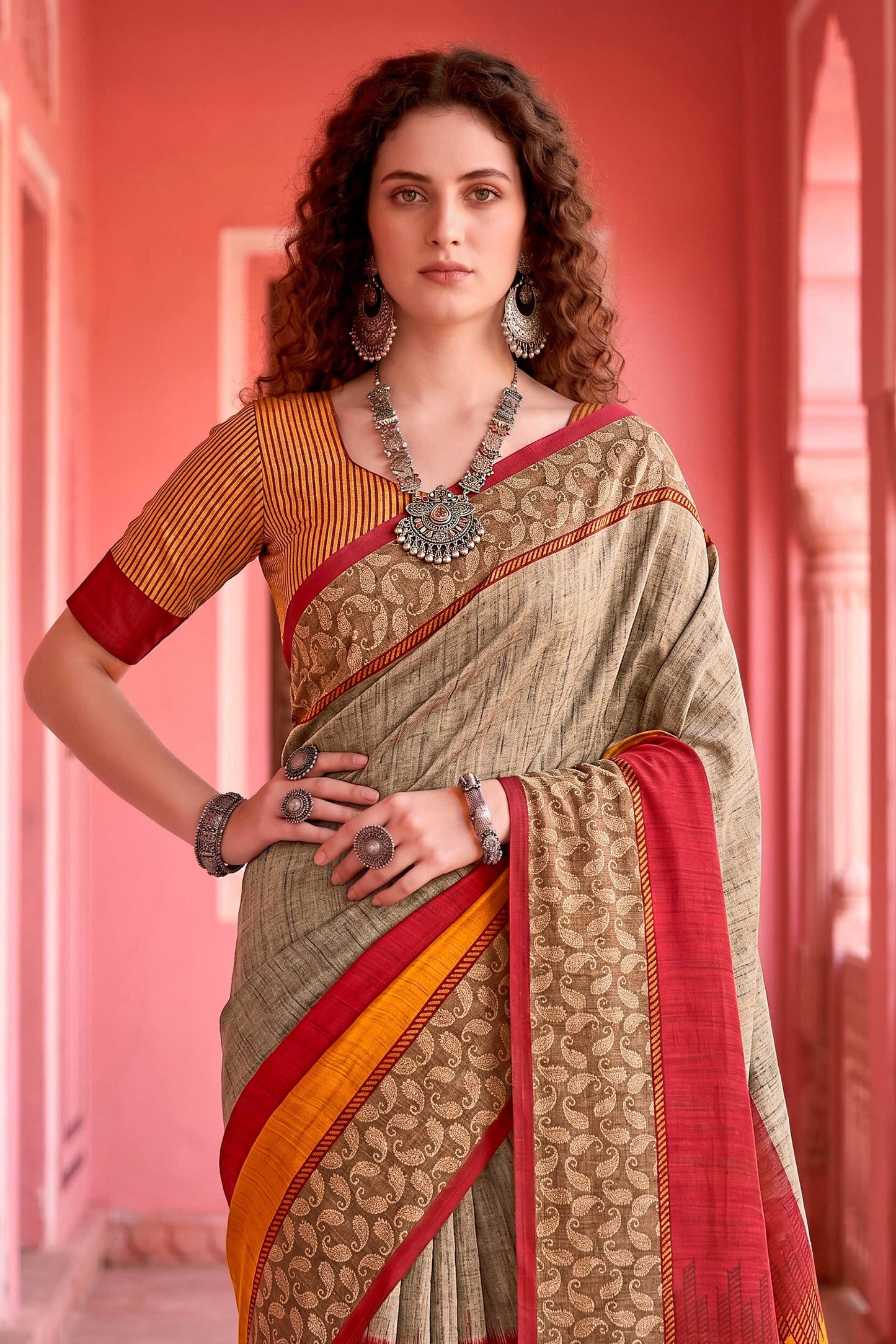 Sangam Prints Grey Cotton Blend Woven Work Traditional Saree - Dista