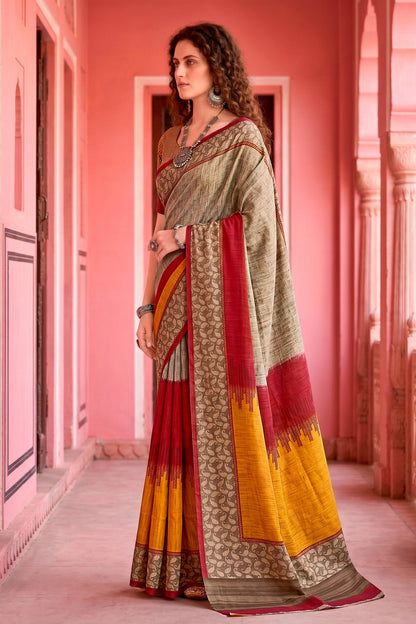 Sangam Prints Grey Cotton Blend Woven Work Traditional Saree - Dista