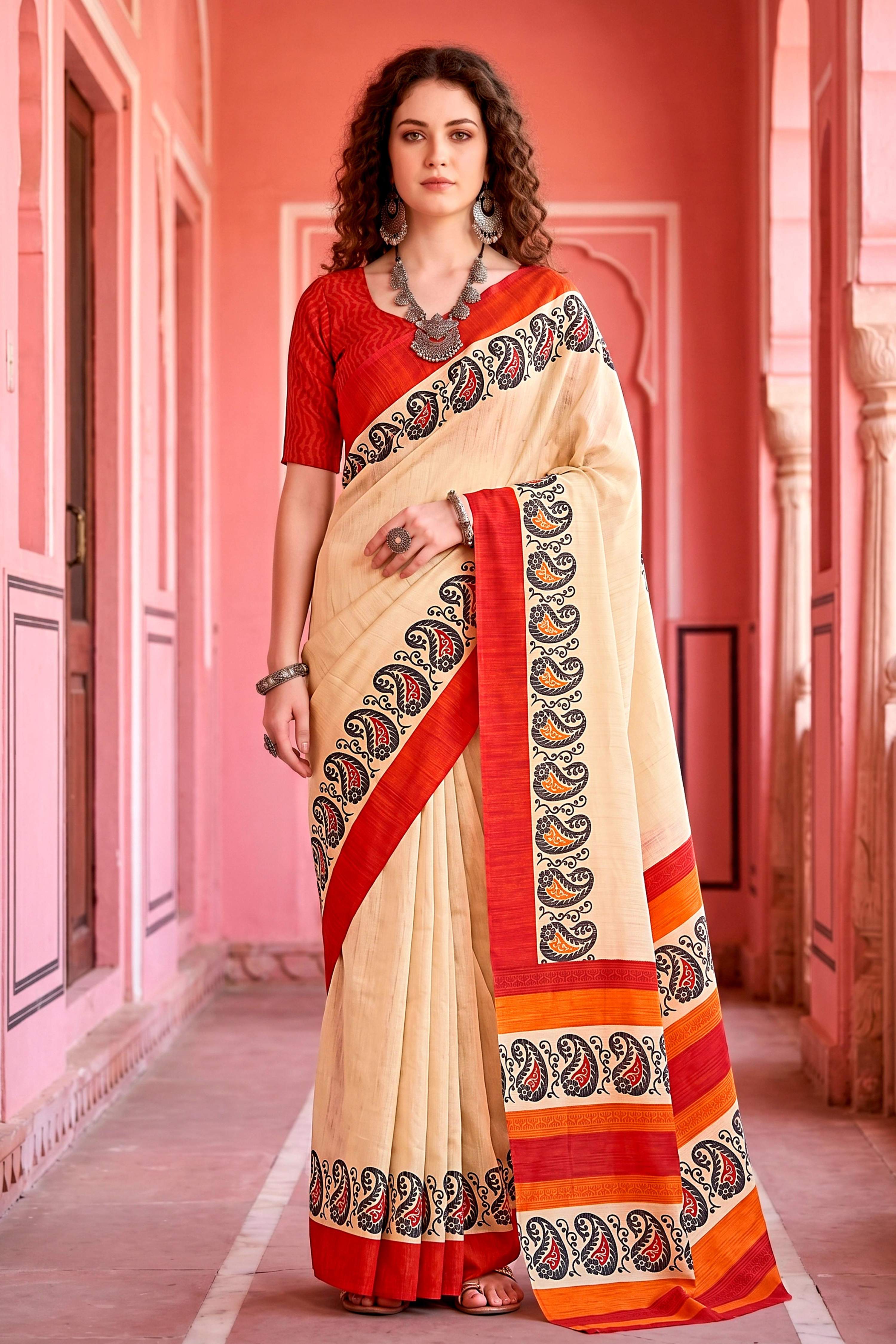 Sangam Prints Cream Cotton Blend Woven Work Traditional Saree - Dista